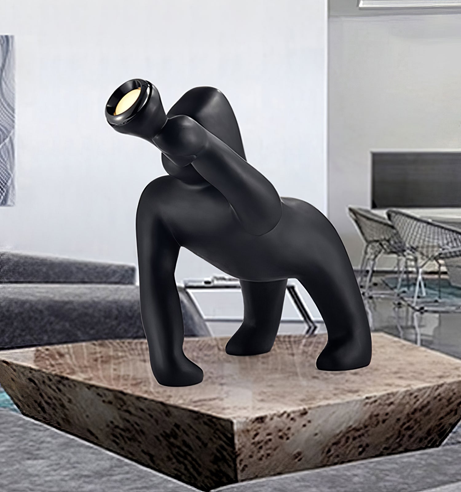 Modern Kong Figurative Monkey Floor Lamp with Adjustable Arm and Matte Black Finish