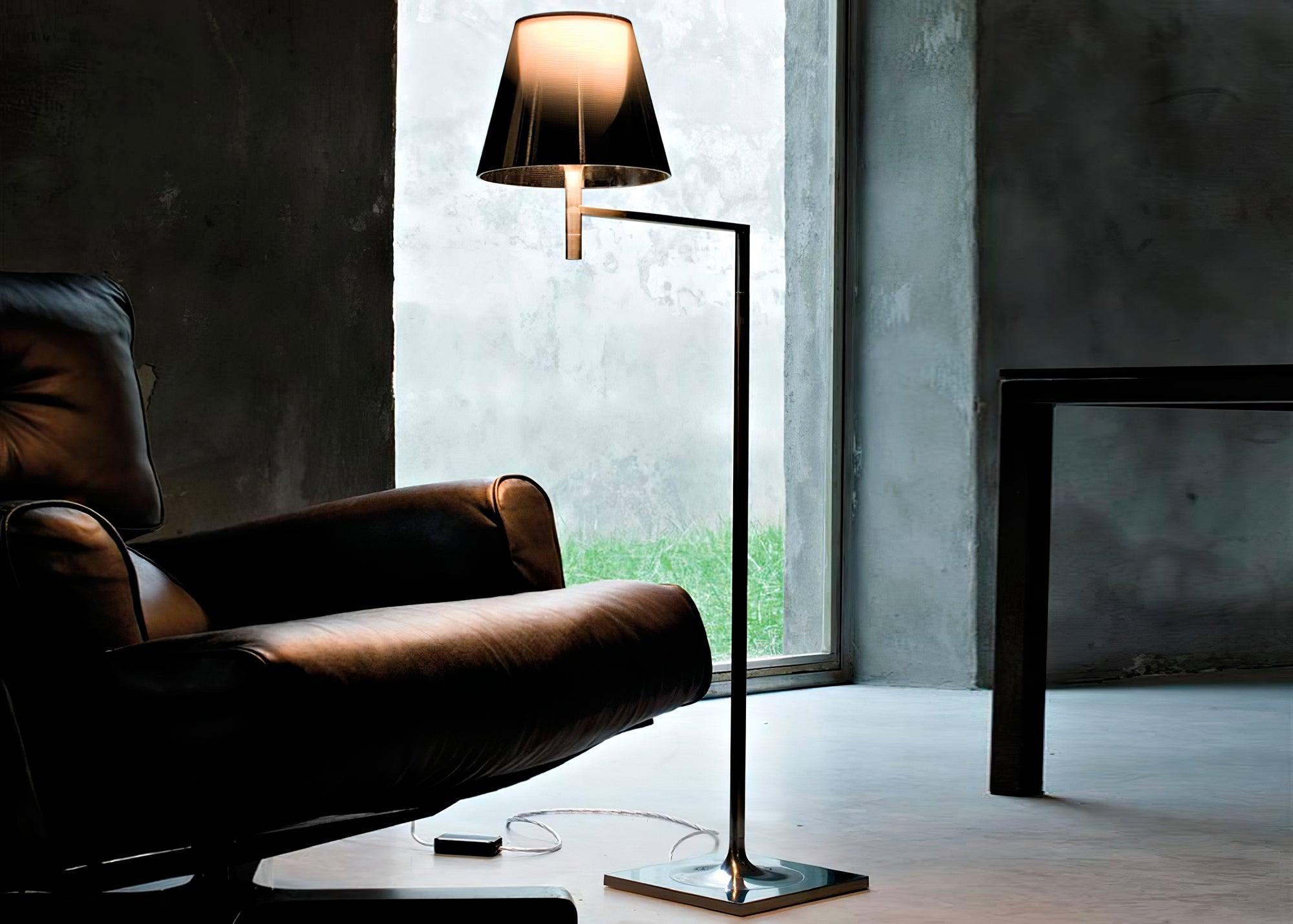 Modern Chrome Prism Geometric Floor Lamp with Adjustable Arm and Glass Shade