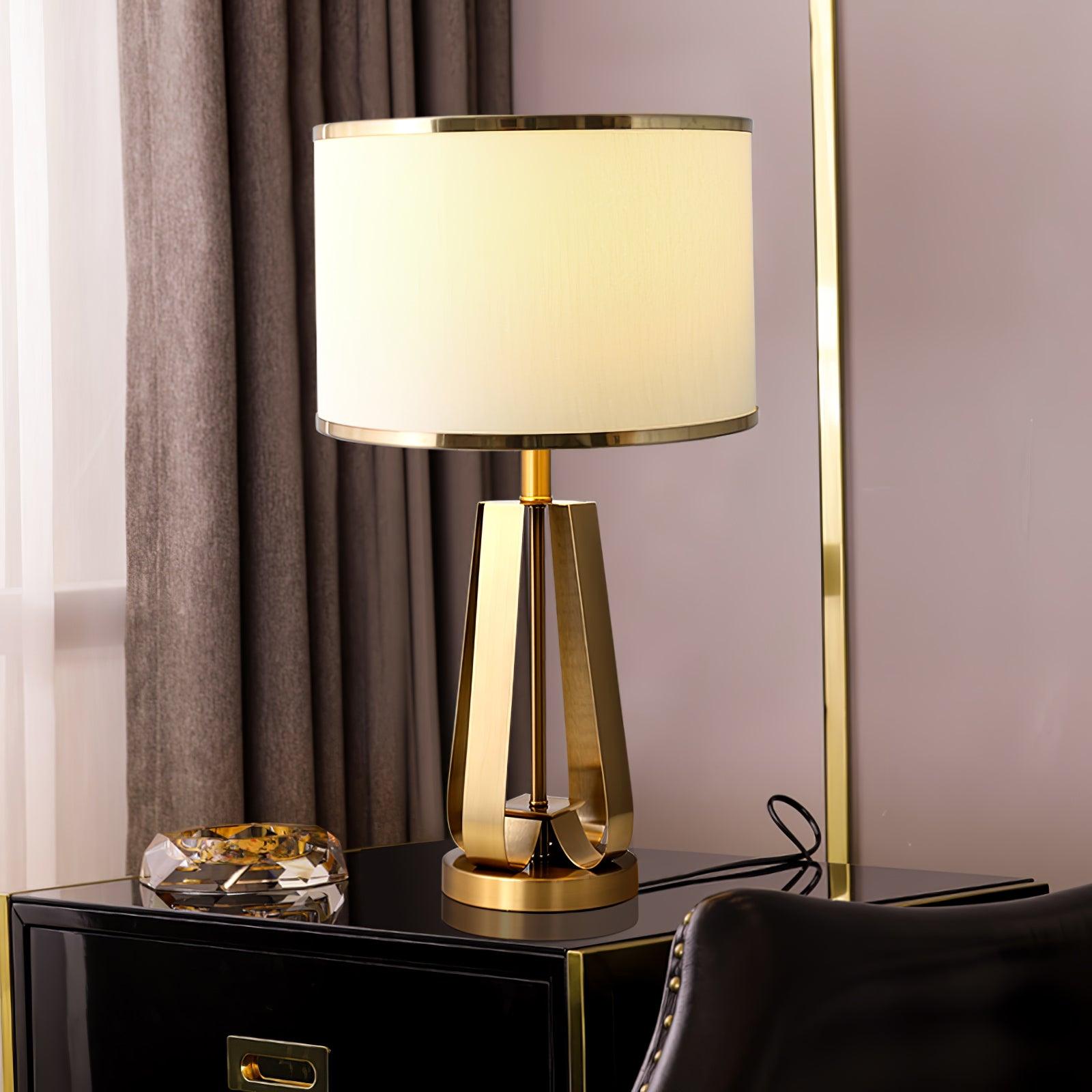 Laila Antique Gold Table Lamp with Ivory Fabric Shade and Curved Metal Base