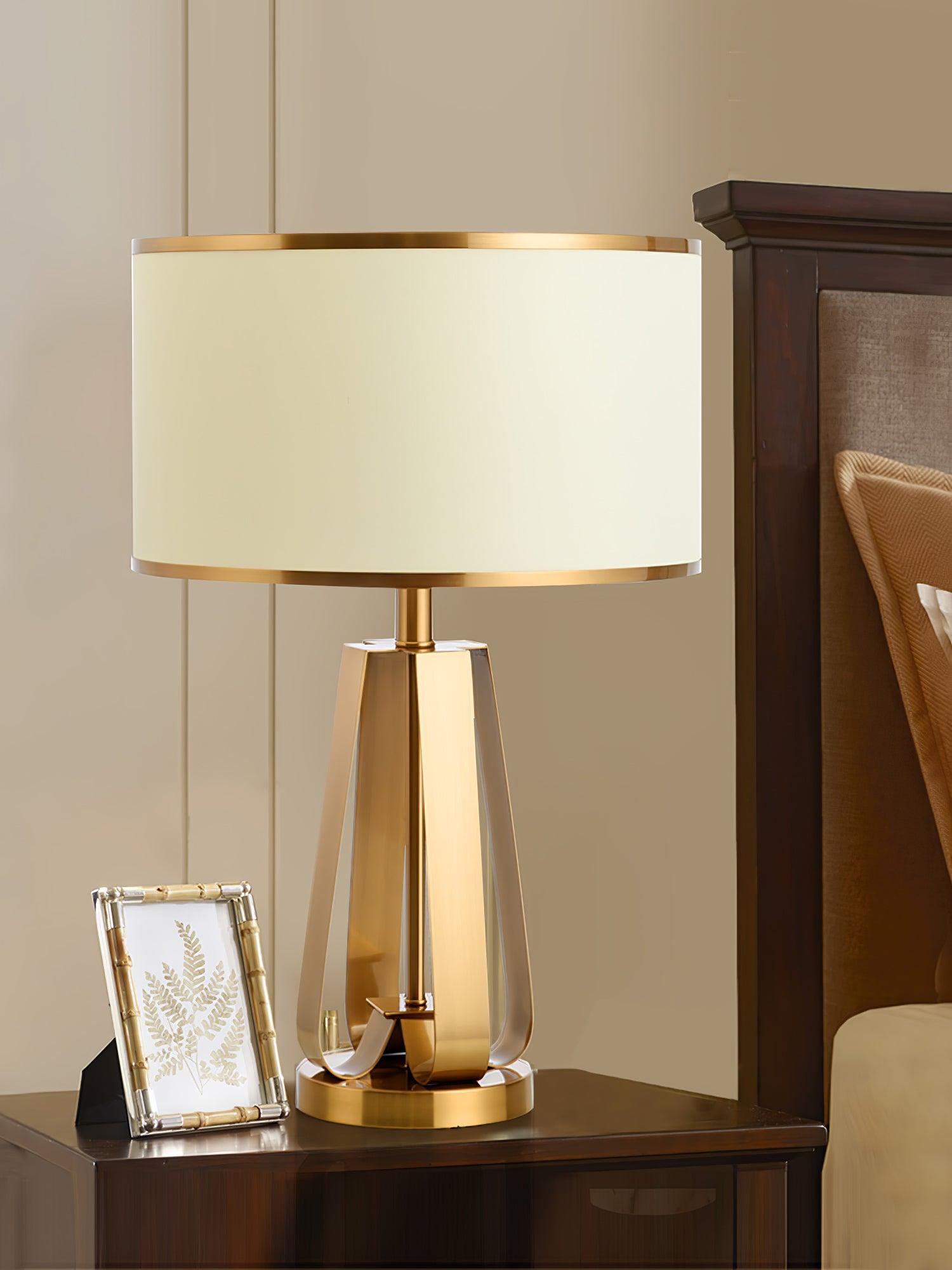 Laila Antique Gold Table Lamp with Ivory Fabric Shade and Curved Metal Base