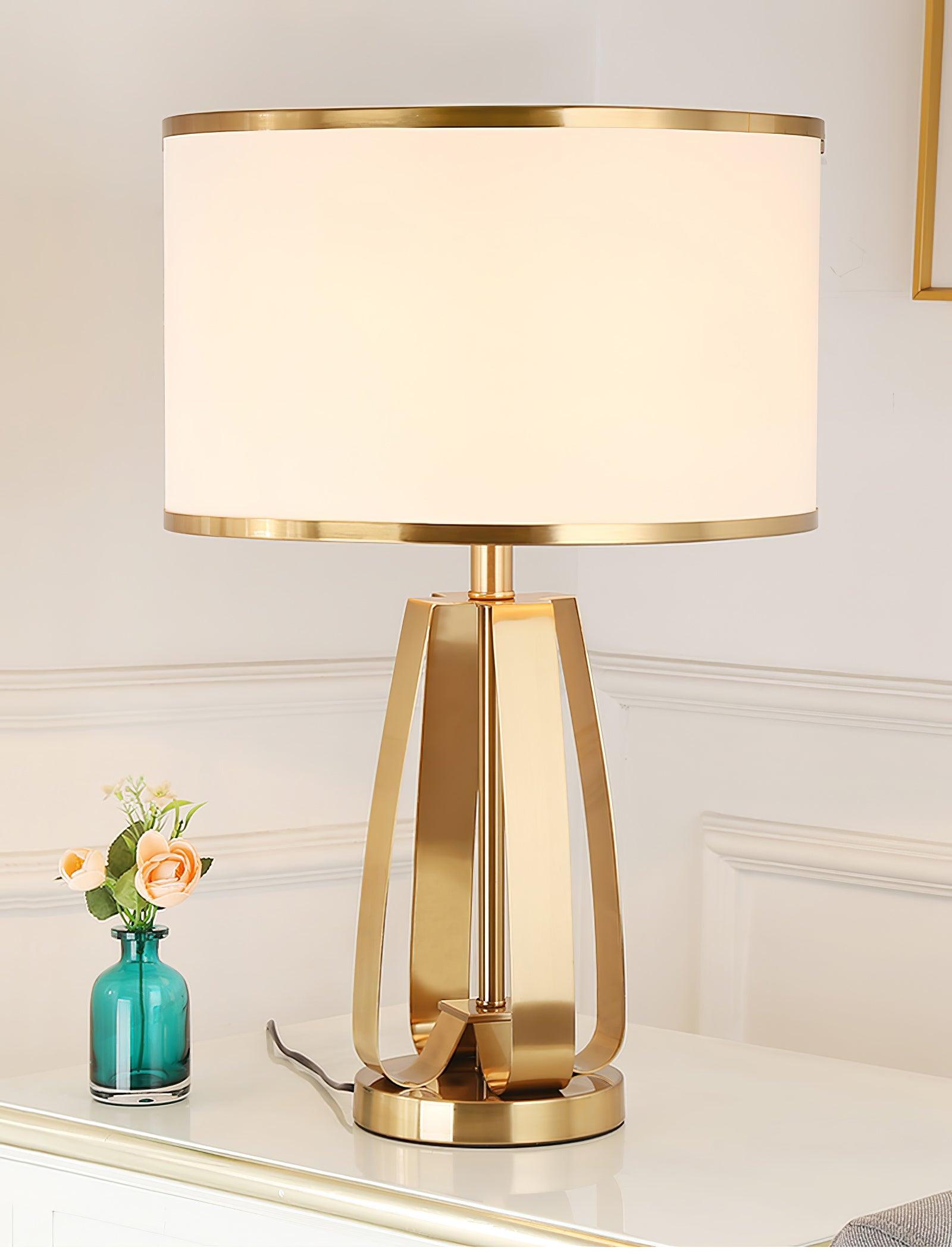 Laila Antique Gold Table Lamp with Ivory Fabric Shade and Curved Metal Base