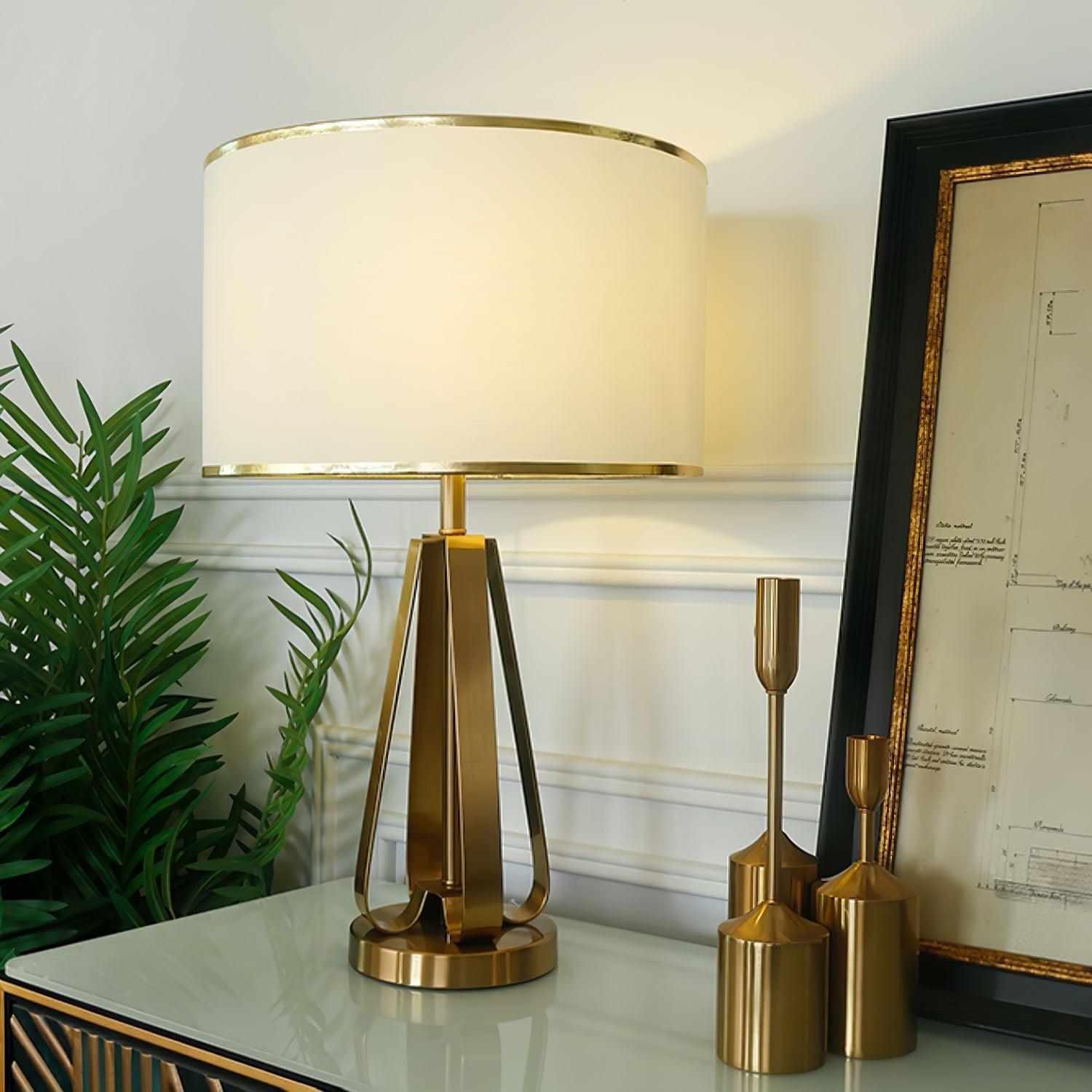 Laila Antique Gold Table Lamp with Ivory Fabric Shade and Curved Metal Base