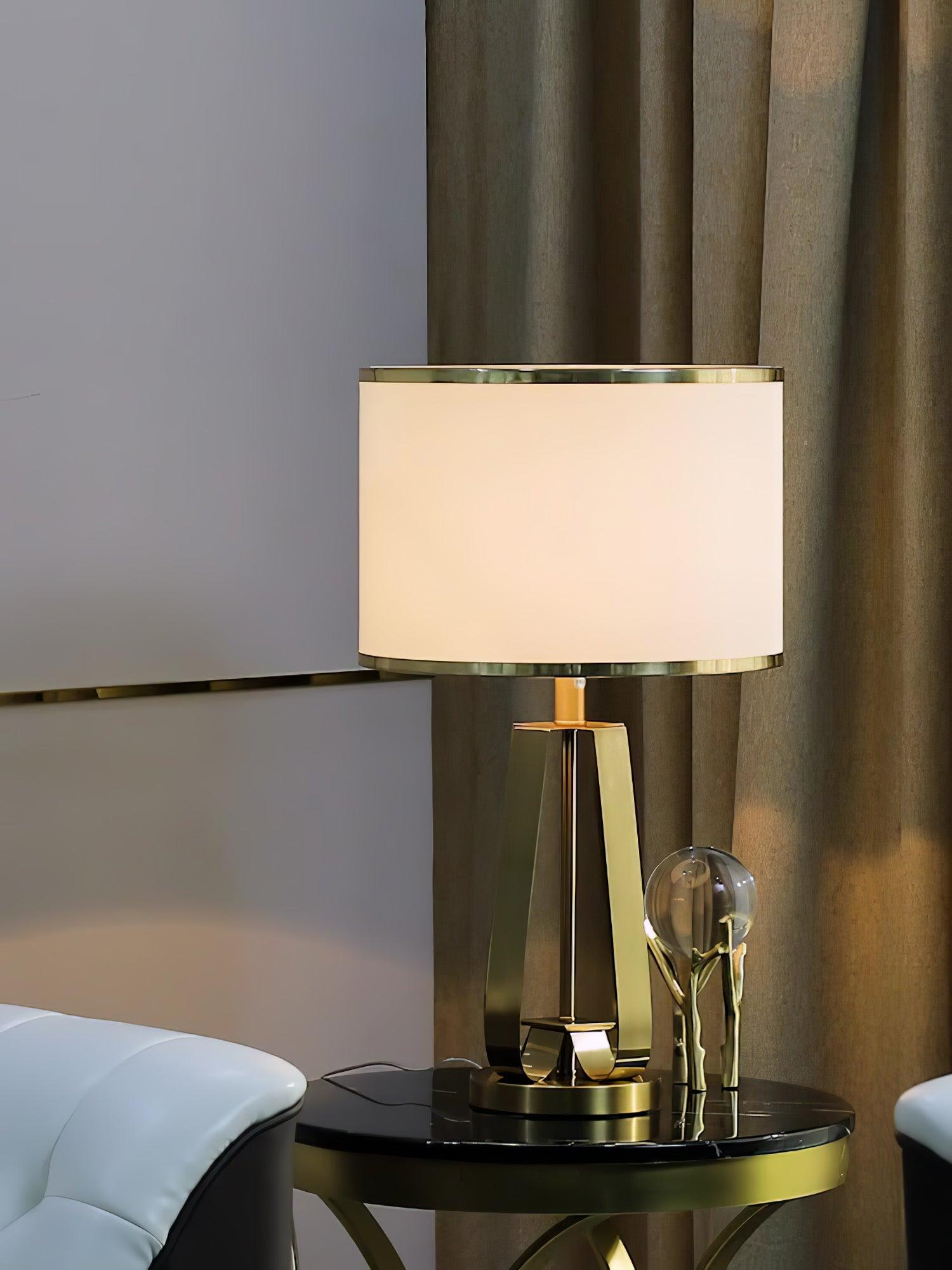 Laila Antique Gold Table Lamp with Ivory Fabric Shade and Curved Metal Base