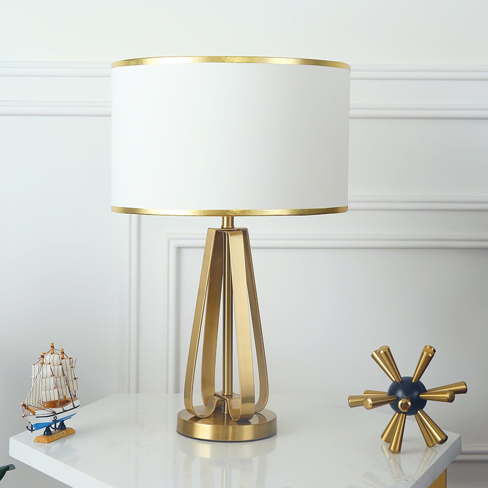 Laila Antique Gold Table Lamp with Ivory Fabric Shade and Curved Metal Base
