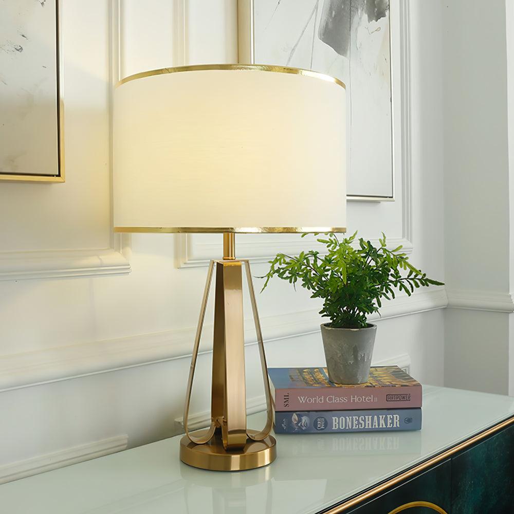 Laila Antique Gold Table Lamp with Ivory Fabric Shade and Curved Metal Base