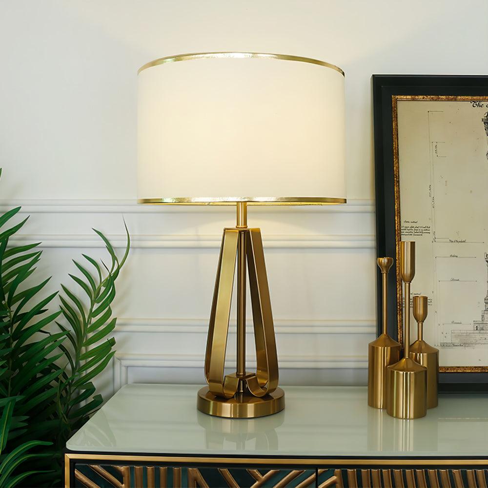 Laila Antique Gold Table Lamp with Ivory Fabric Shade and Curved Metal Base