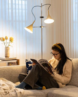 Modern Laiton Floor Lamp with Adjustable Arms Chrome Finish and Beige Fabric Shade