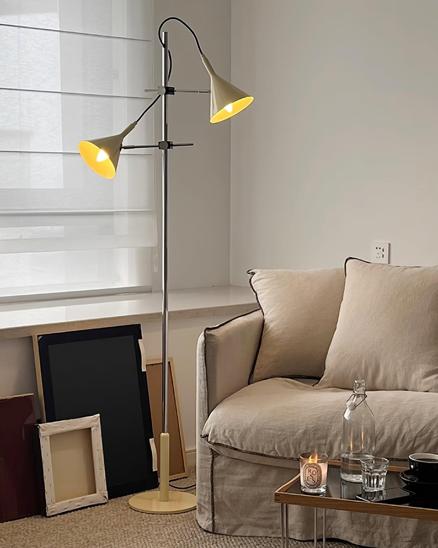 Modern Laiton Floor Lamp with Adjustable Arms Chrome Finish and Beige Fabric Shade