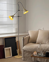 Modern Laiton Floor Lamp with Adjustable Arms Chrome Finish and Beige Fabric Shade