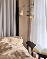 Modern Laiton Floor Lamp with Adjustable Arms Chrome Finish and Beige Fabric Shade