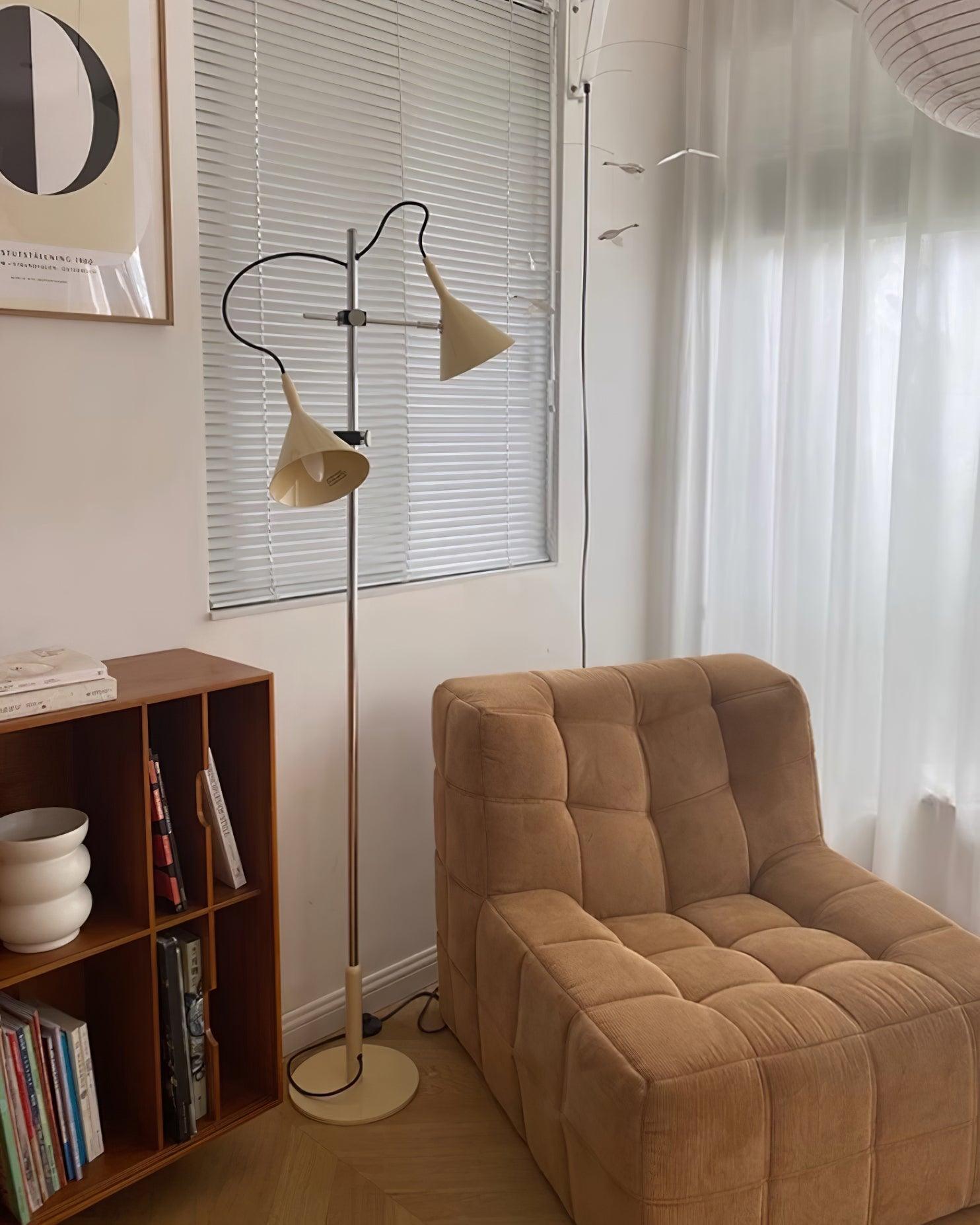 Modern Laiton Floor Lamp with Adjustable Arms Chrome Finish and Beige Fabric Shade