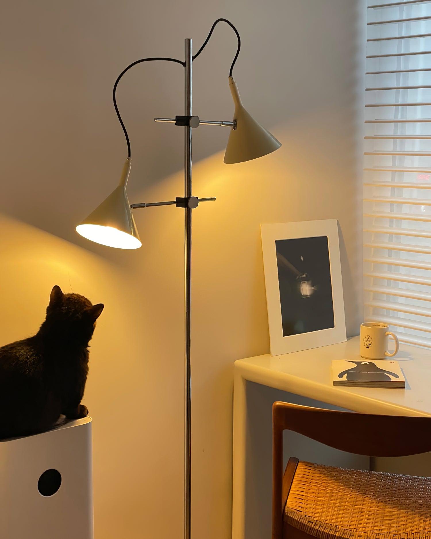 Modern Laiton Floor Lamp with Adjustable Arms Chrome Finish and Beige Fabric Shade