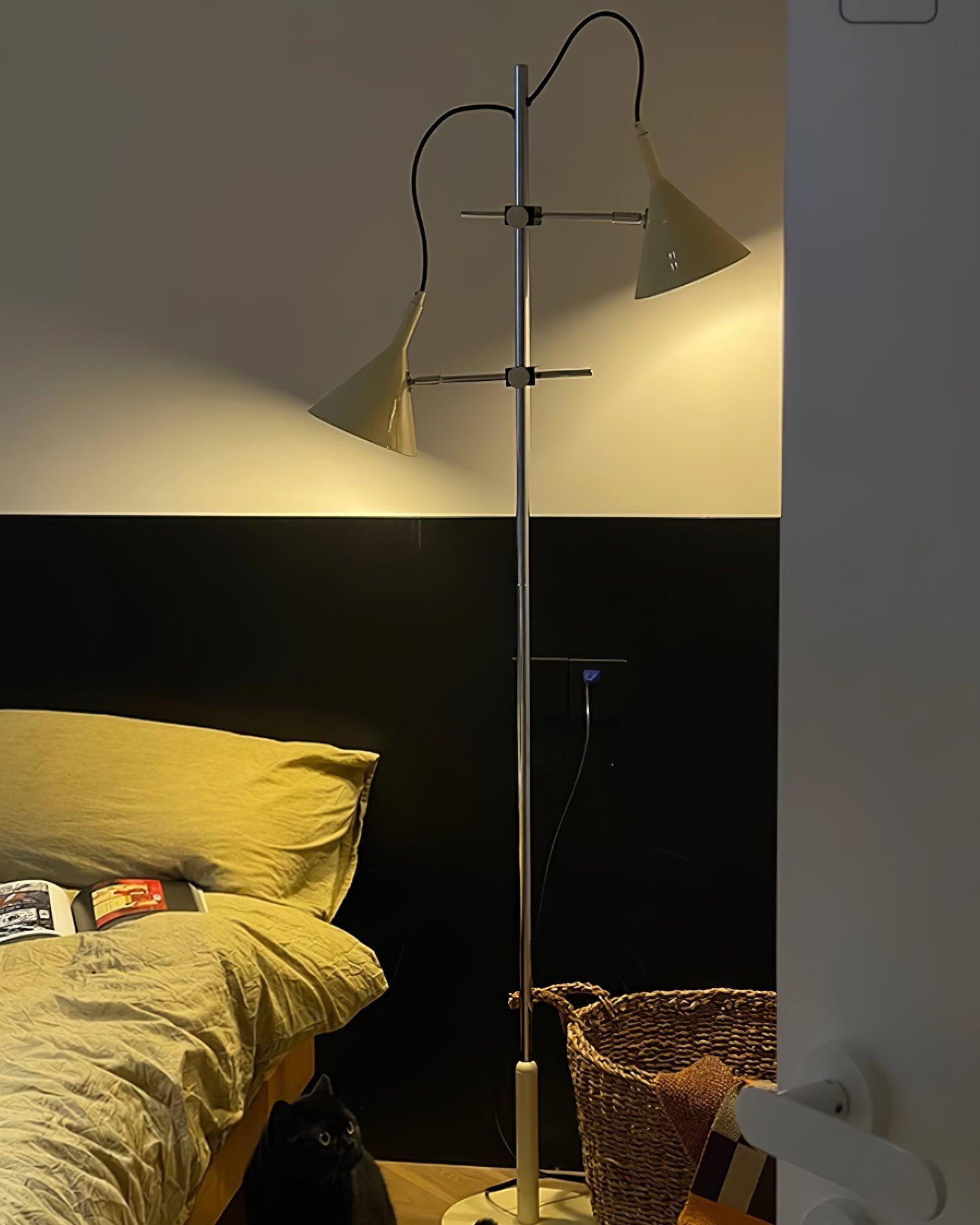 Modern Laiton Floor Lamp with Adjustable Arms Chrome Finish and Beige Fabric Shade