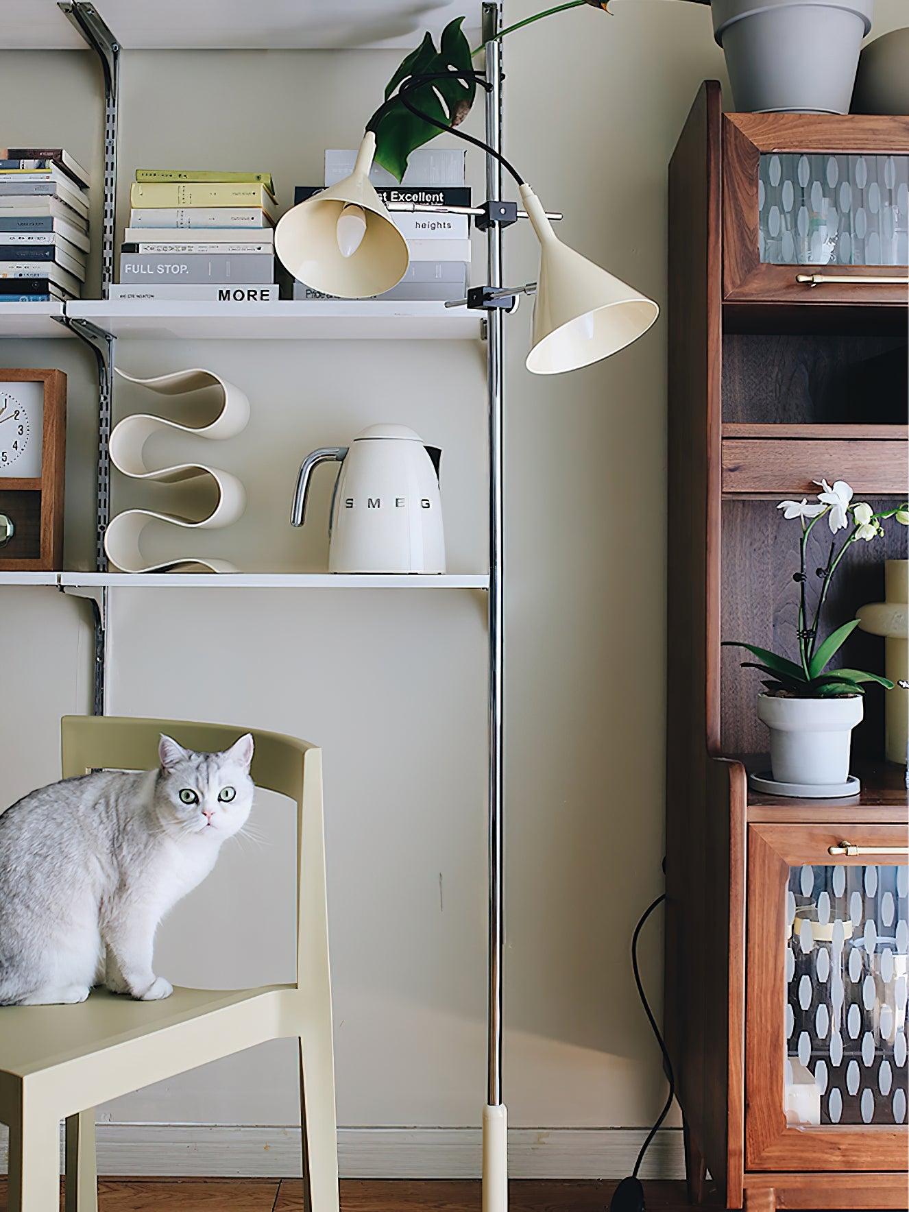 Modern Laiton Floor Lamp with Adjustable Arms Chrome Finish and Beige Fabric Shade
