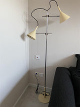 Modern Laiton Floor Lamp with Adjustable Arms Chrome Finish and Beige Fabric Shade