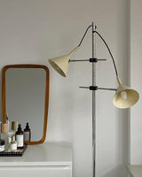 Modern Laiton Floor Lamp with Adjustable Arms Chrome Finish and Beige Fabric Shade
