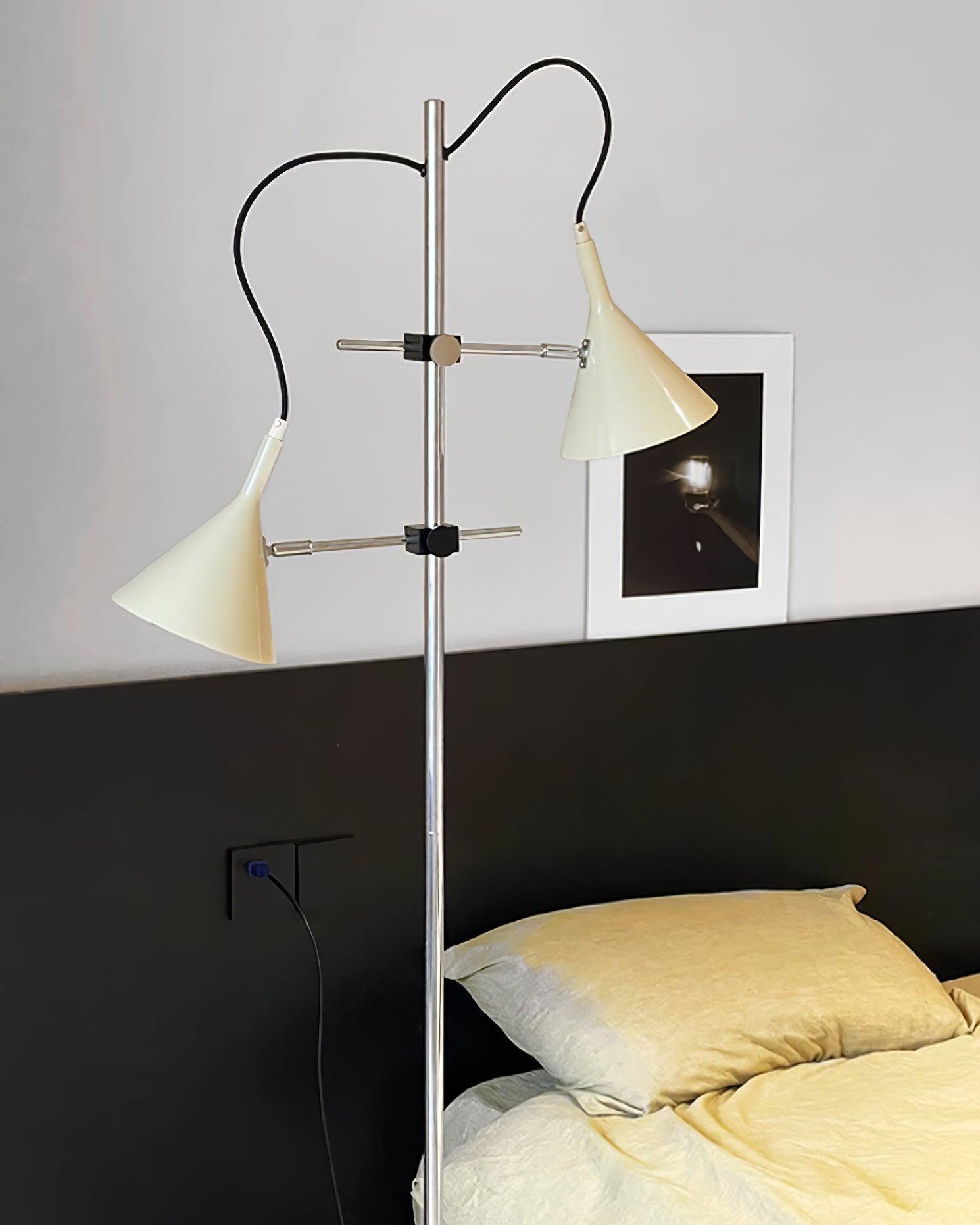 Modern Laiton Floor Lamp with Adjustable Arms Chrome Finish and Beige Fabric Shade