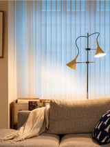 Modern Laiton Floor Lamp with Adjustable Arms Chrome Finish and Beige Fabric Shade