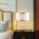 Artistic Modern Table Lamp with White Fabric Shade and Gold Geometric Accents for Living Room