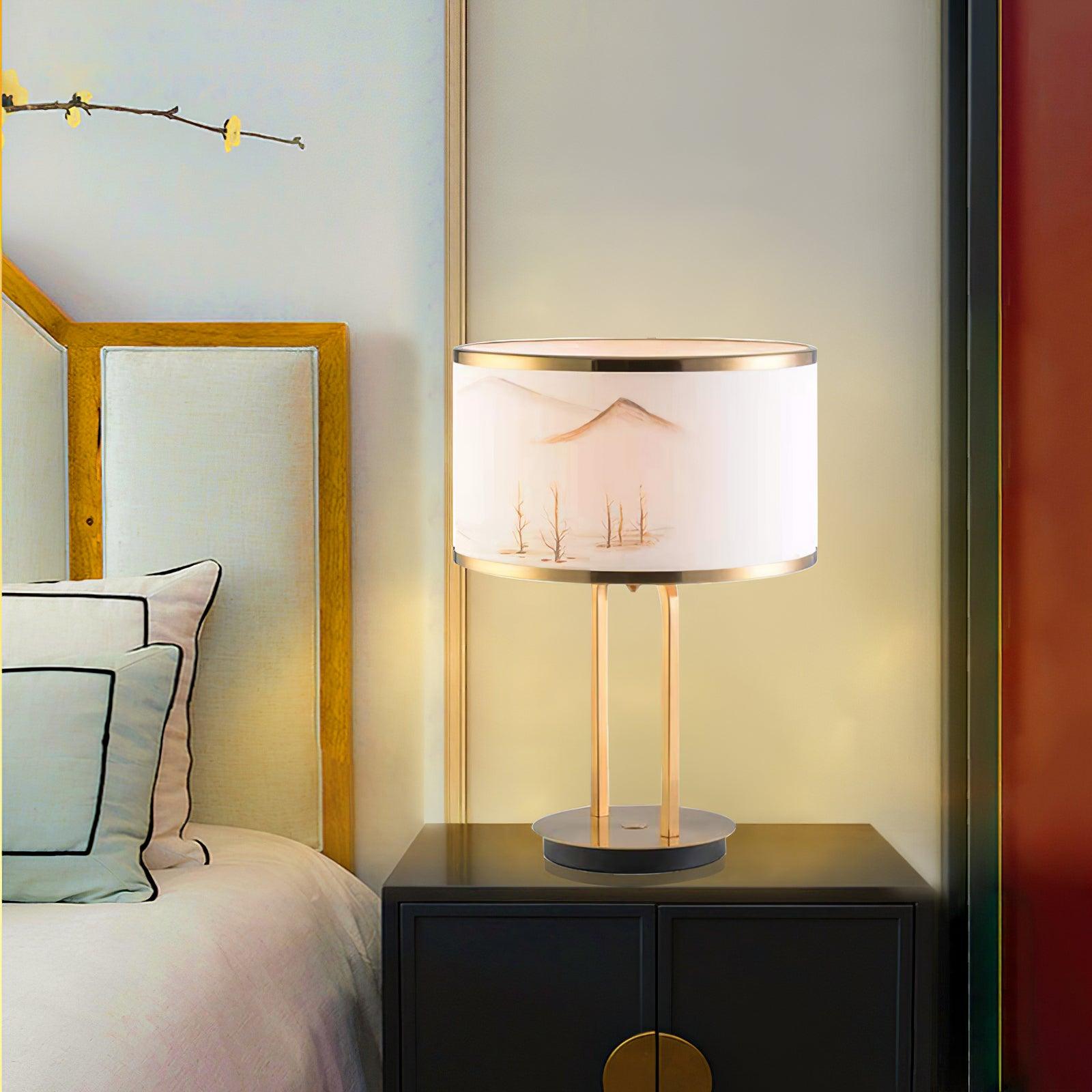 Artistic Modern Table Lamp with White Fabric Shade and Gold Geometric Accents for Living Room