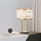 Artistic Modern Table Lamp with White Fabric Shade and Gold Geometric Accents for Living Room