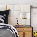Artistic Modern Table Lamp with White Fabric Shade and Gold Geometric Accents for Living Room