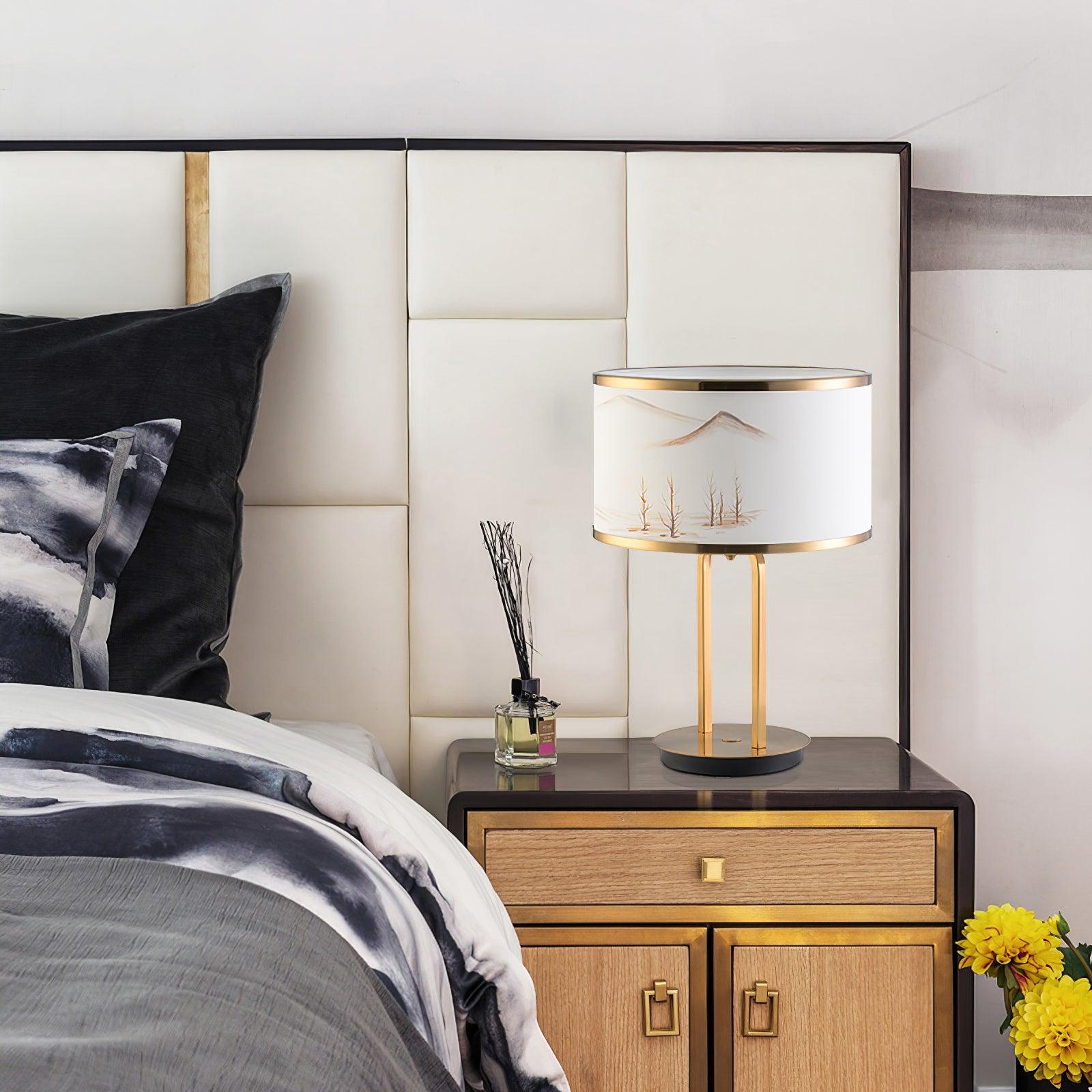 Artistic Modern Table Lamp with White Fabric Shade and Gold Geometric Accents for Living Room