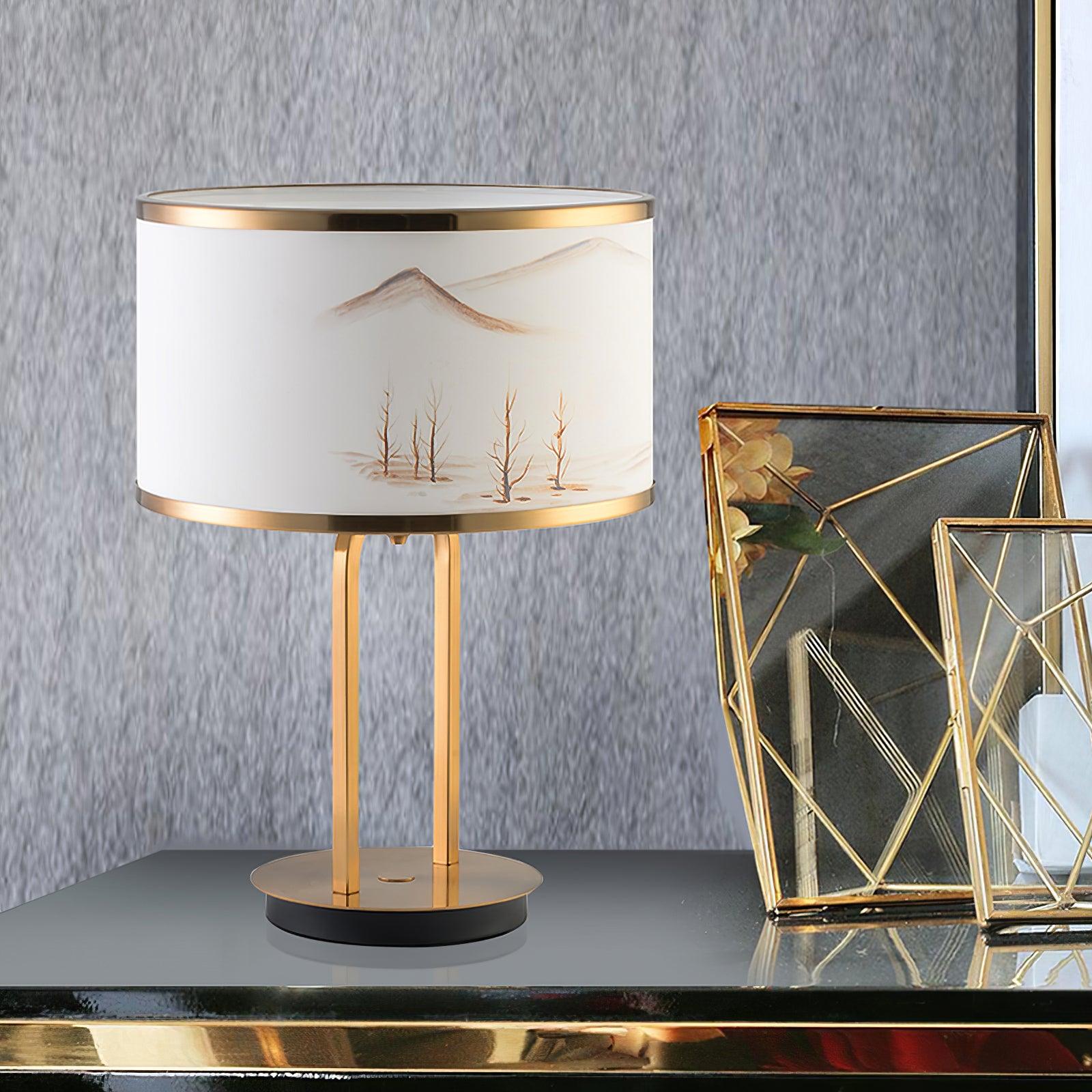 Artistic Modern Table Lamp with White Fabric Shade and Gold Geometric Accents for Living Room