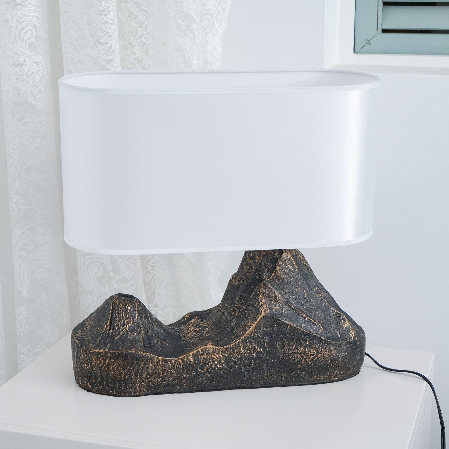 Artistic Landscape Side Table Lamp Resin Base with Fabric Shade Lighting