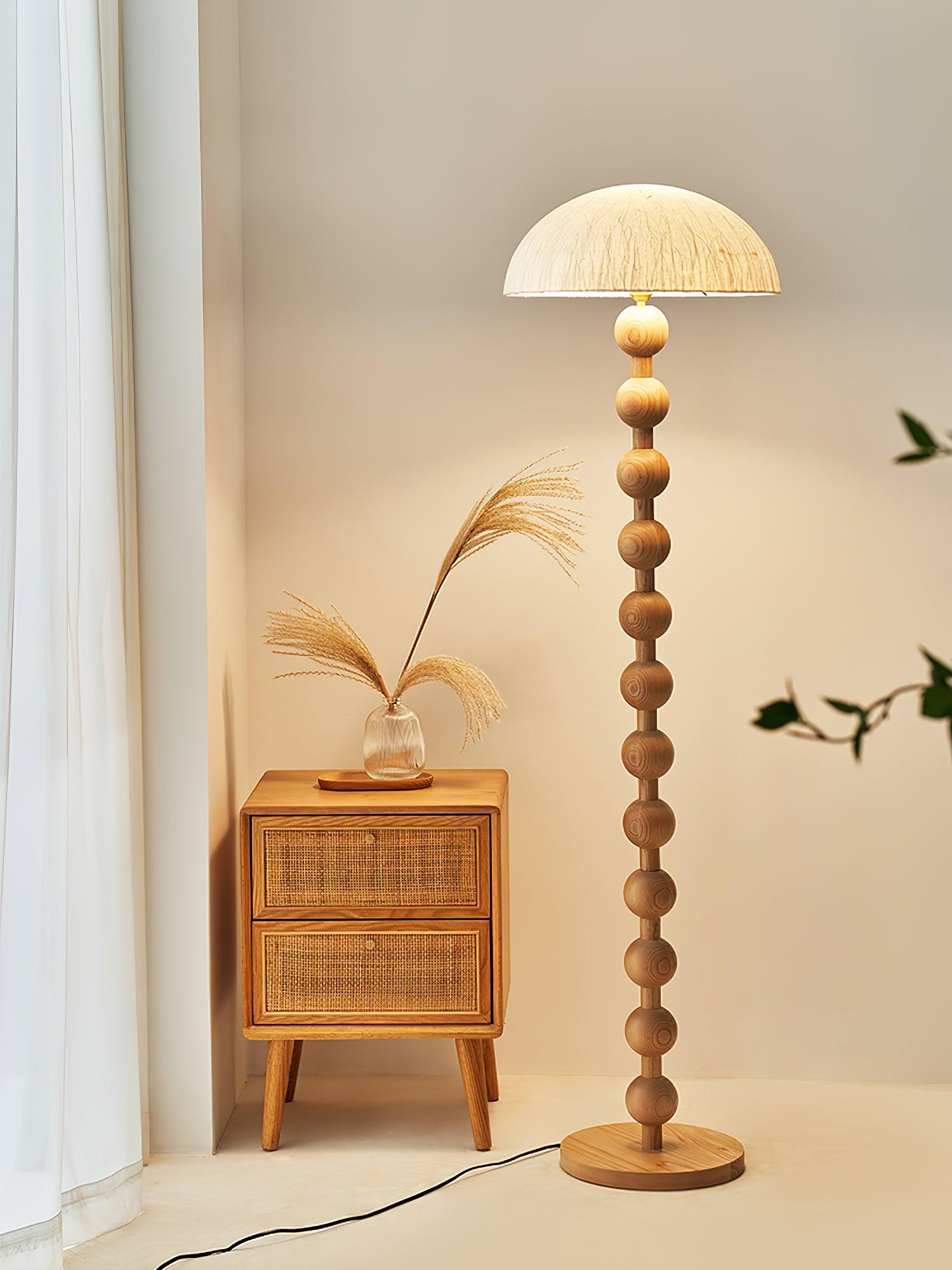 Japanese Rice Paper Standing Floor Lamp with Sculptural Cherry Wood Base and White Shade