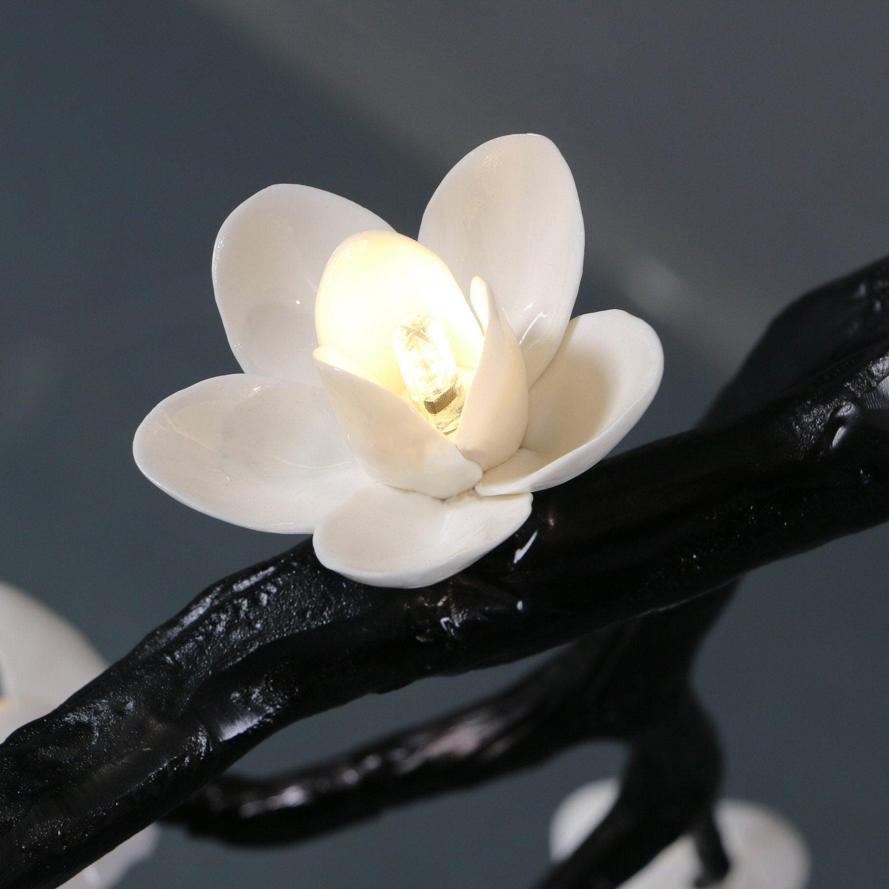 Modern Large Floral Branch Chandelier with Handmade Ceramic Flowers and Black Brass Finish