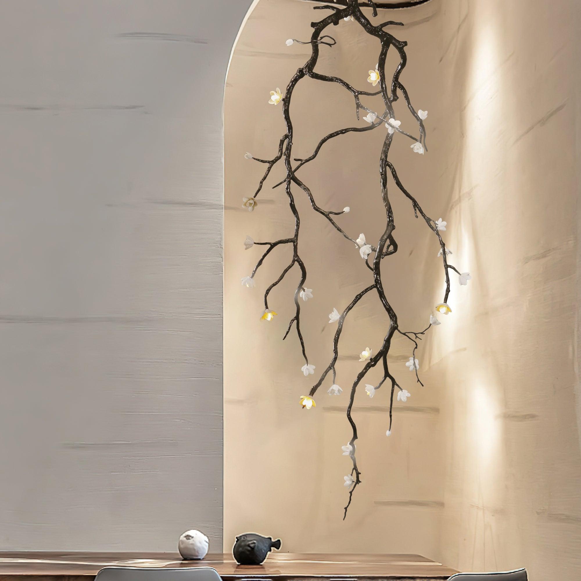 Modern Large Floral Branch Chandelier with Handmade Ceramic Flowers and Black Brass Finish