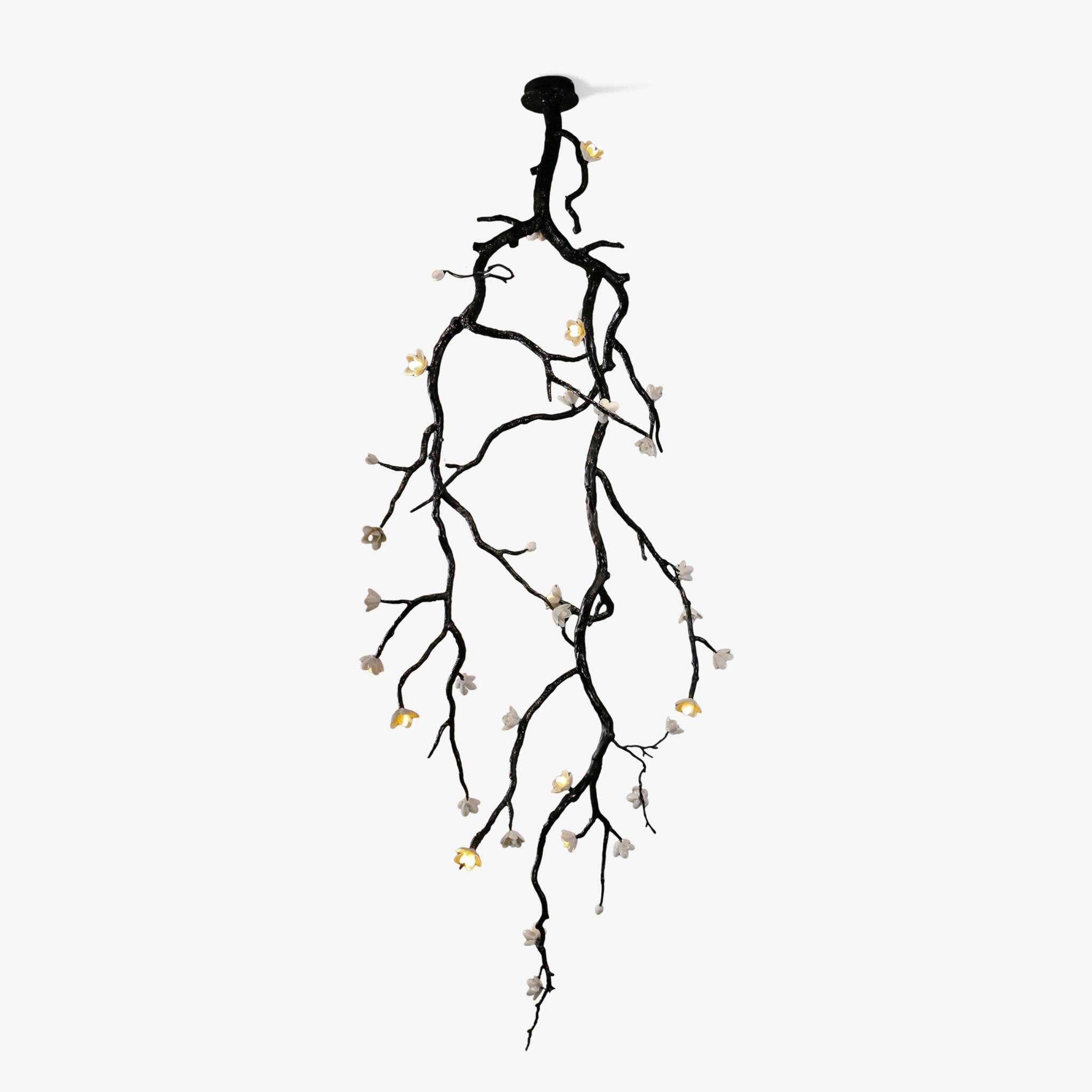 Modern Large Floral Branch Chandelier with Handmade Ceramic Flowers and Black Brass Finish