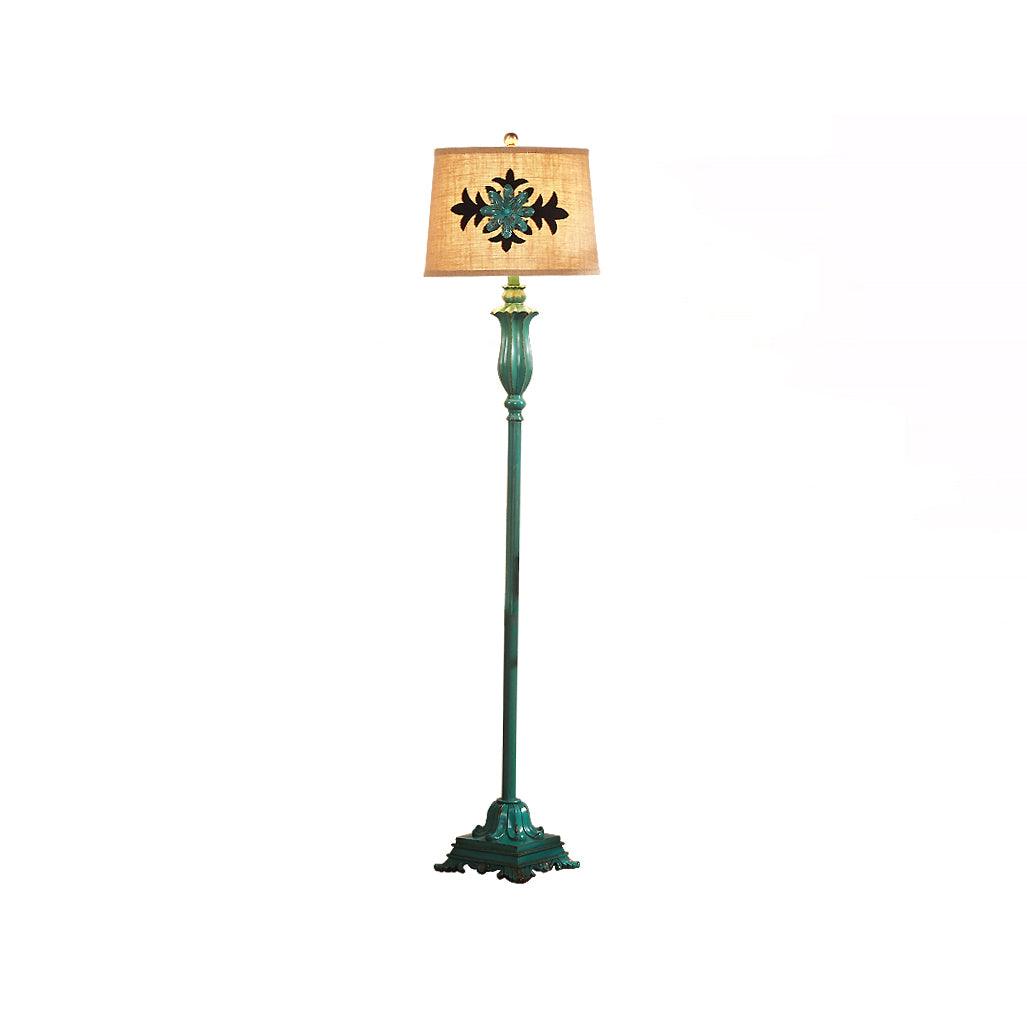 Vintage Distressed Resin Floor Lamp with Taupe Fabric Bell Shade for Living Room