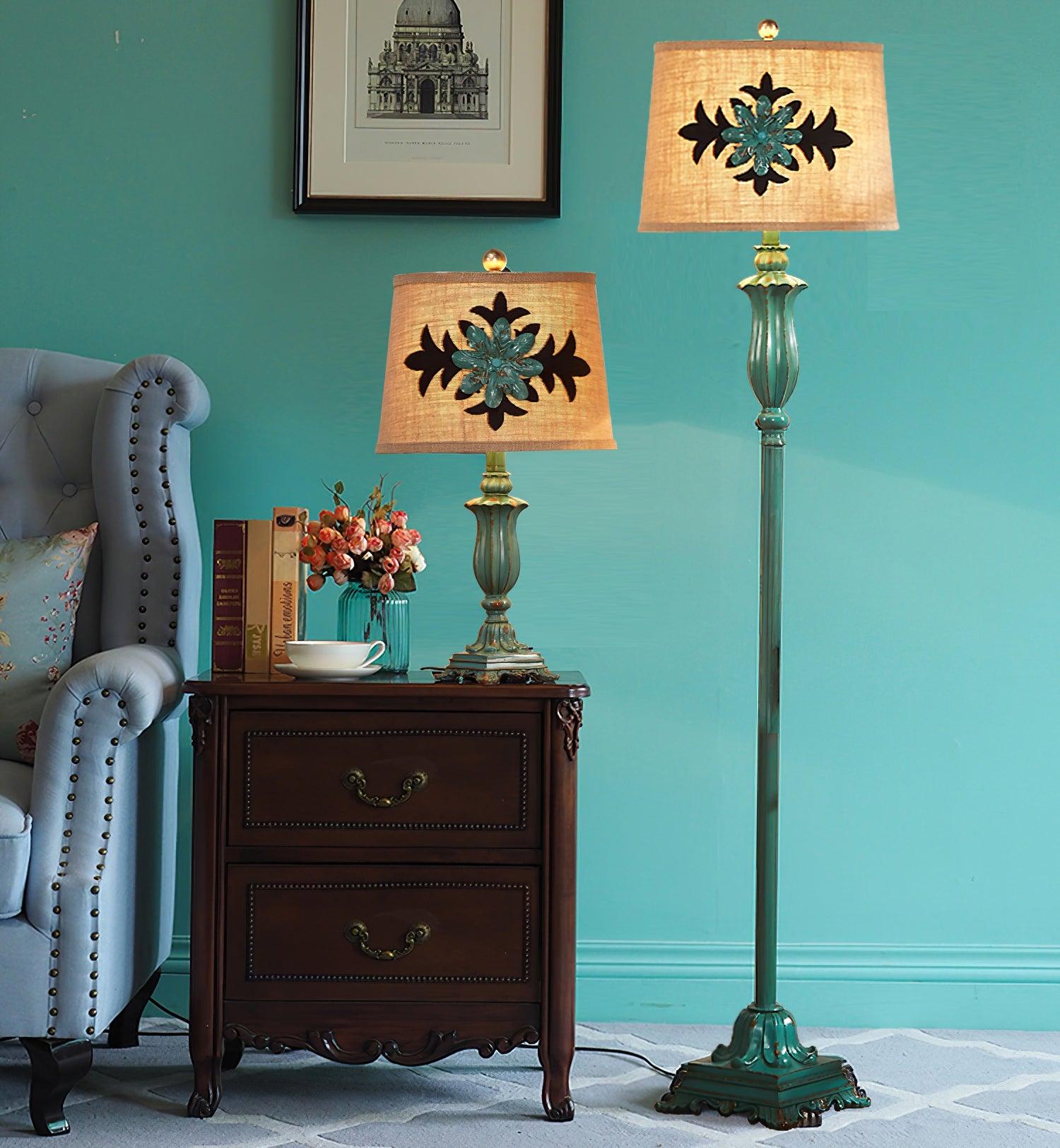 Vintage Distressed Resin Floor Lamp with Taupe Fabric Bell Shade for Living Room