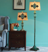 Vintage Distressed Resin Floor Lamp with Taupe Fabric Bell Shade for Living Room