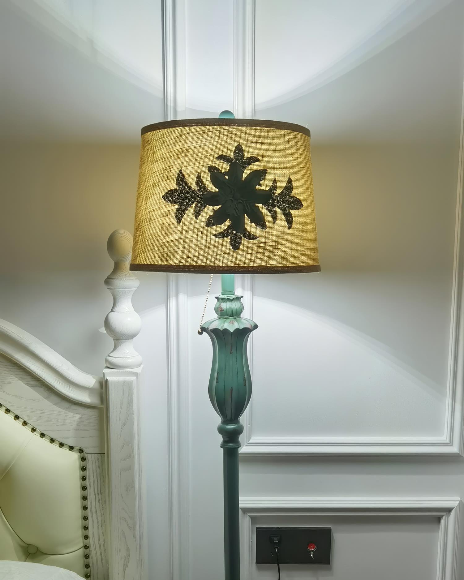 Vintage Distressed Resin Floor Lamp with Taupe Fabric Bell Shade for Living Room
