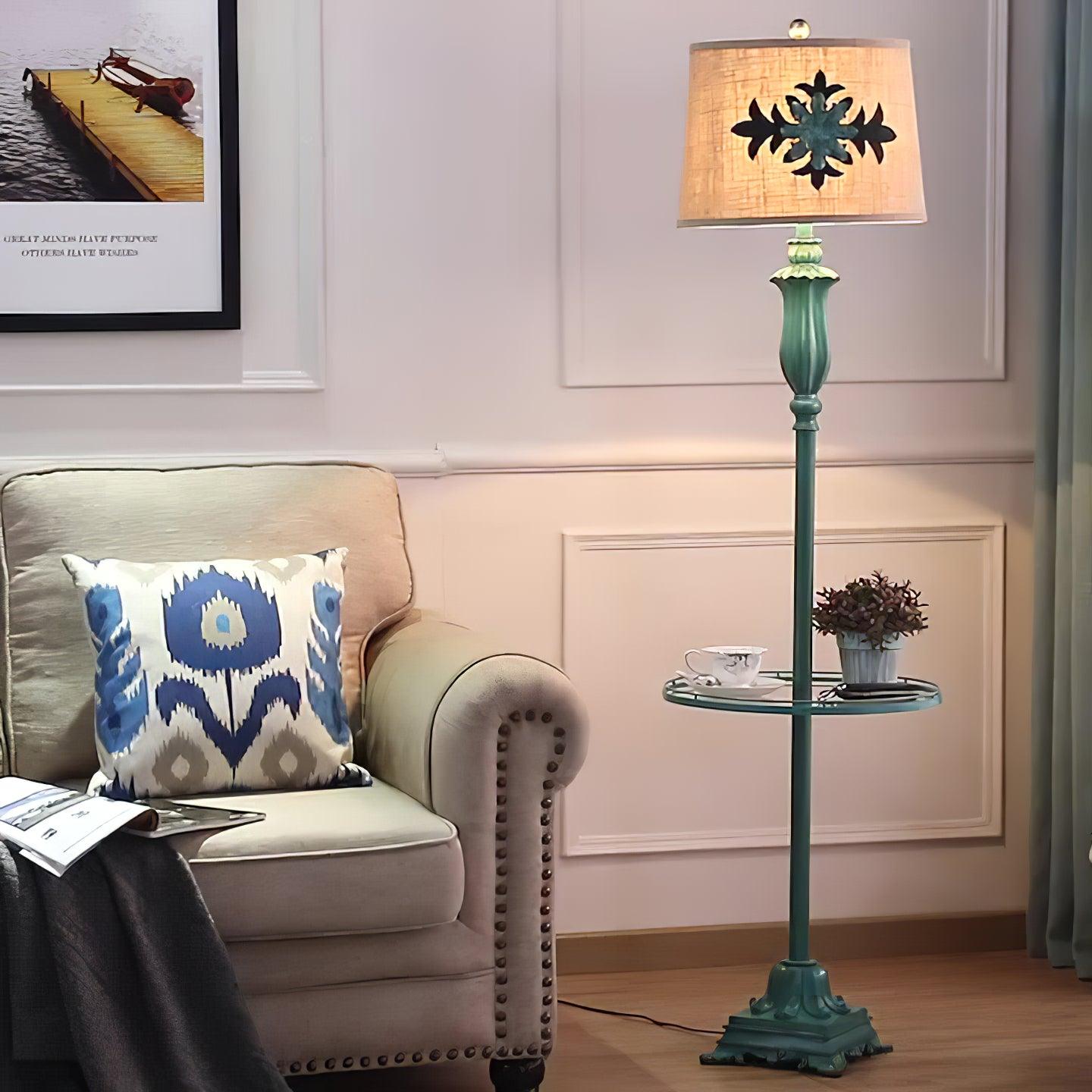Vintage Distressed Resin Floor Lamp with Taupe Fabric Bell Shade for Living Room