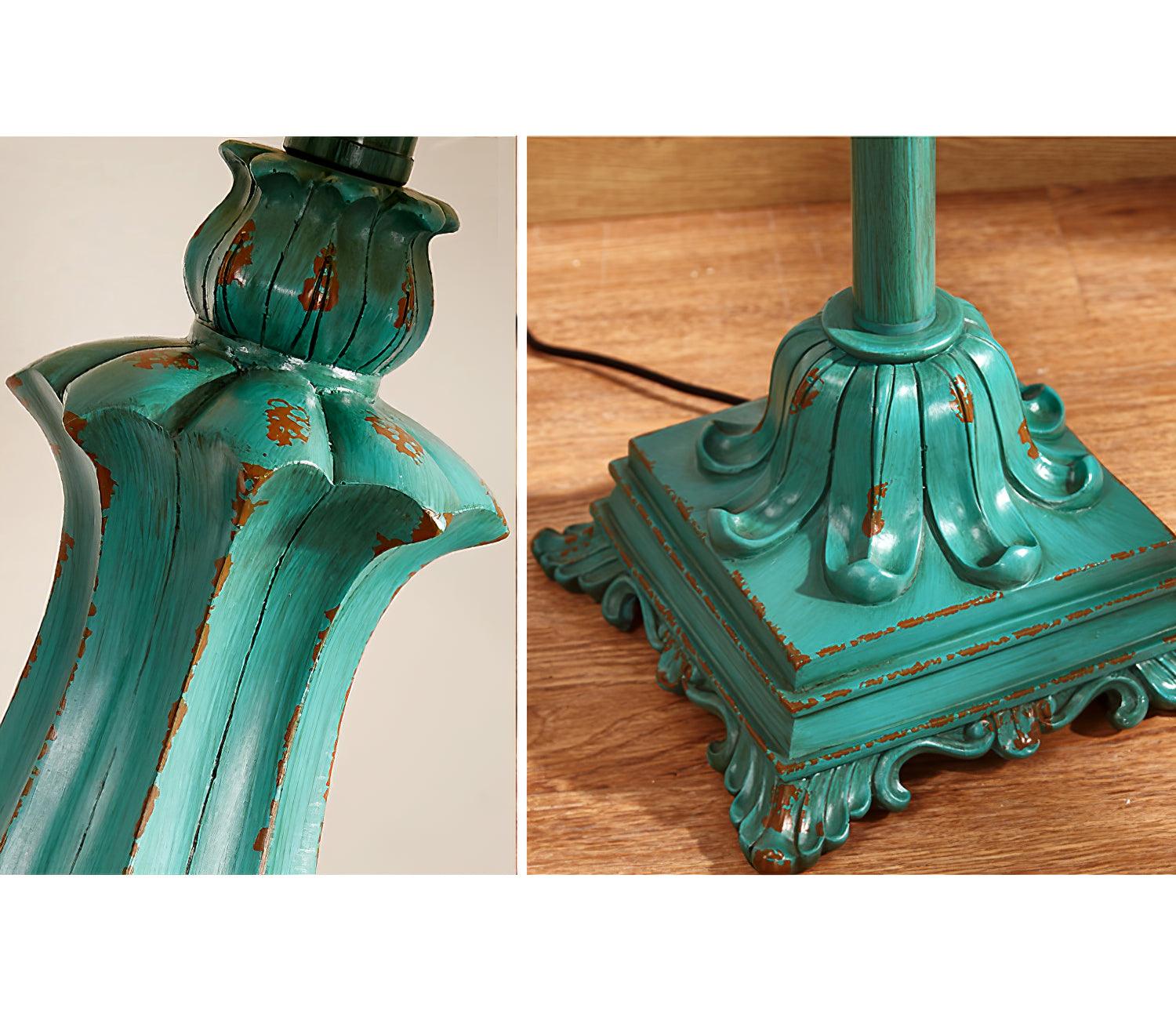 Vintage Distressed Resin Floor Lamp with Taupe Fabric Bell Shade for Living Room