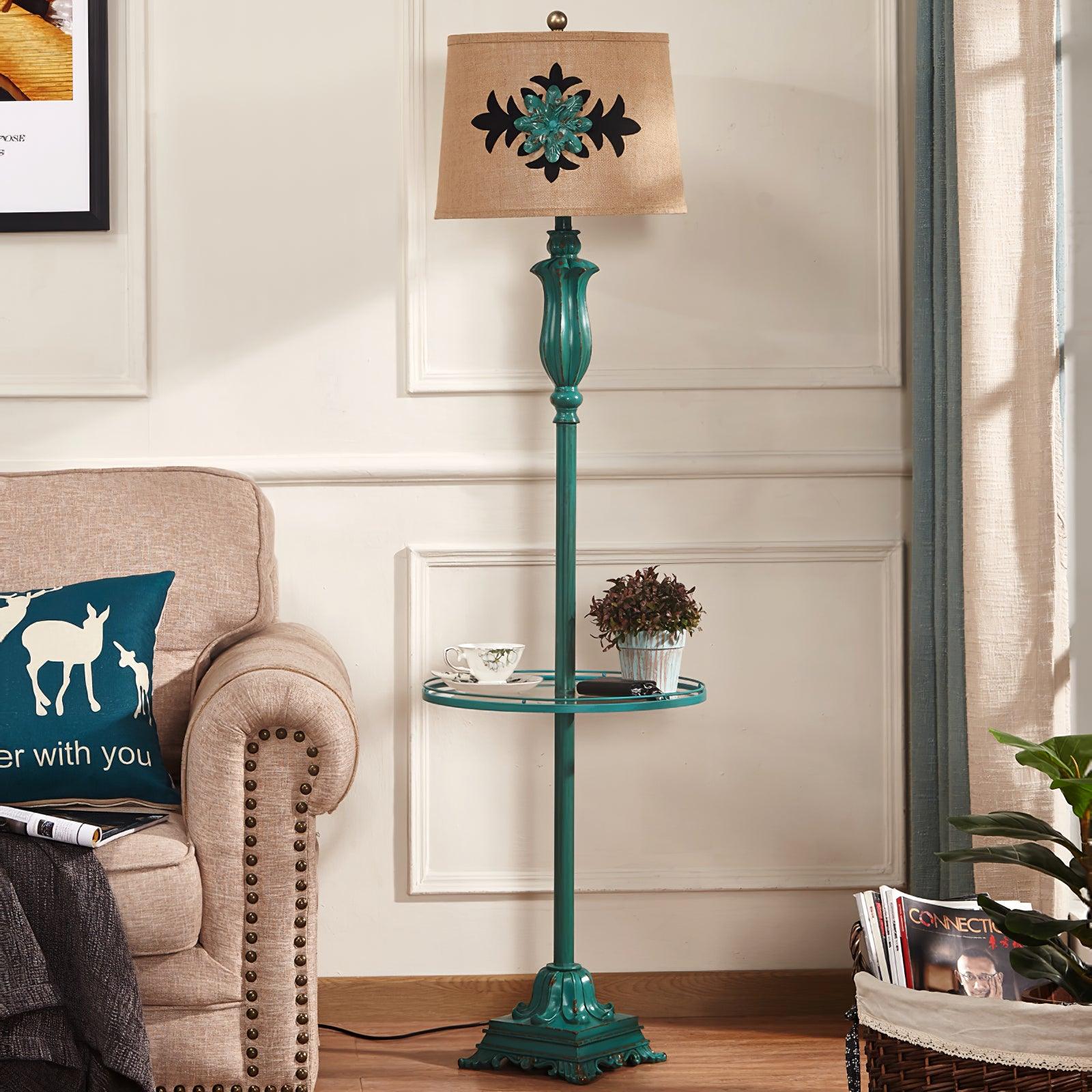 Vintage Distressed Resin Floor Lamp with Taupe Fabric Bell Shade for Living Room