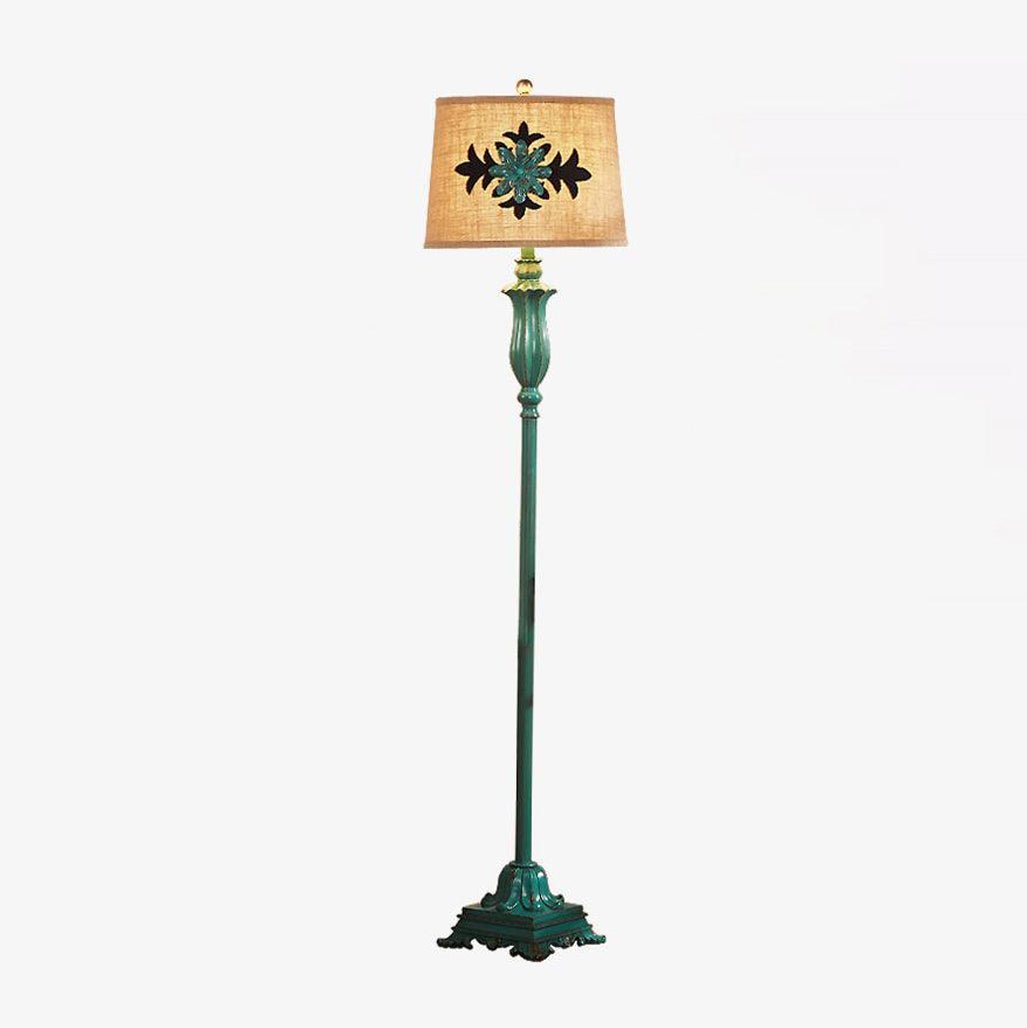 Vintage Distressed Resin Floor Lamp with Taupe Fabric Bell Shade for Living Room