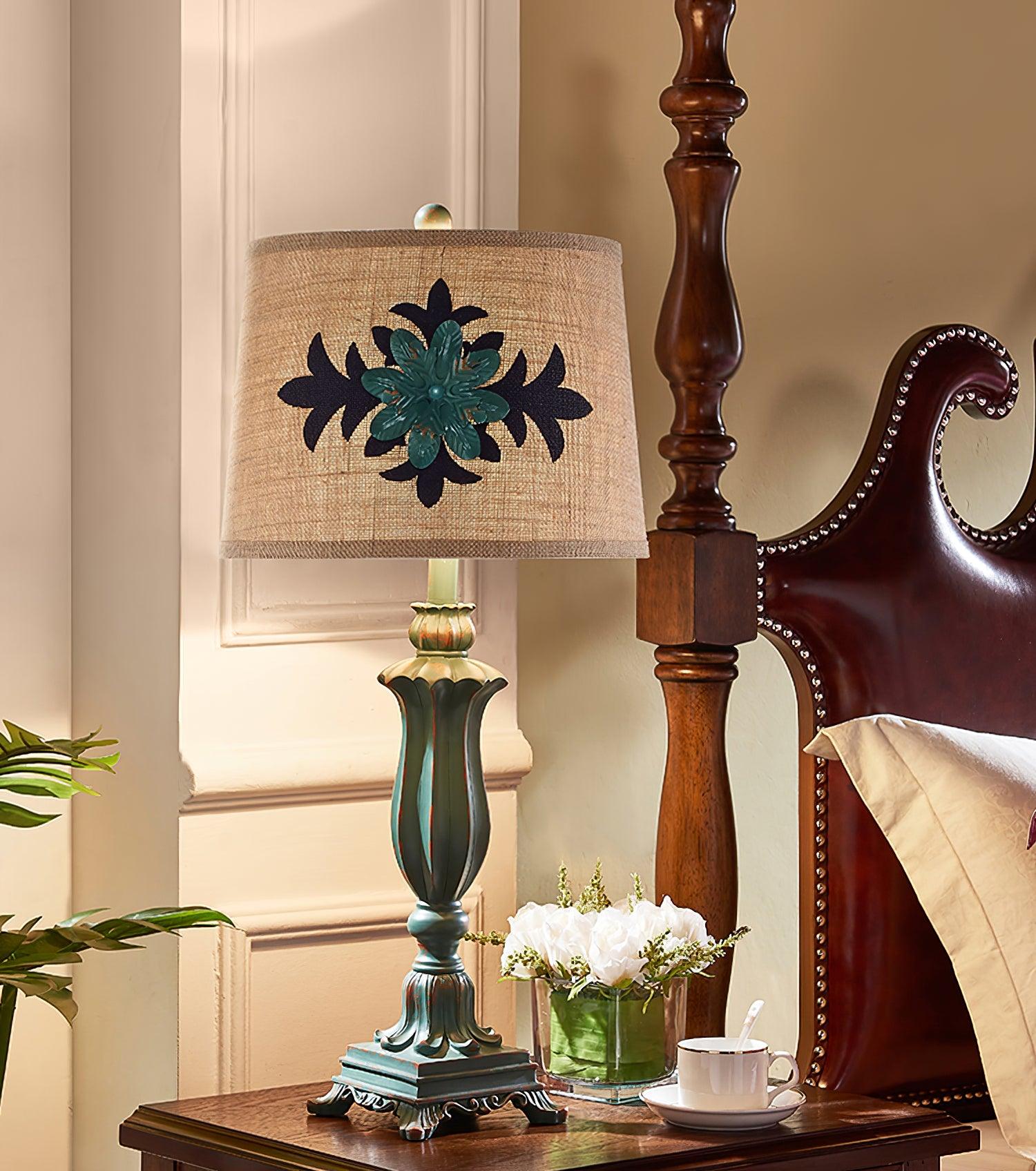 Lark Vintage Green Resin Table Lamp with Linen Fabric Bell Shade for Bedside Lighting