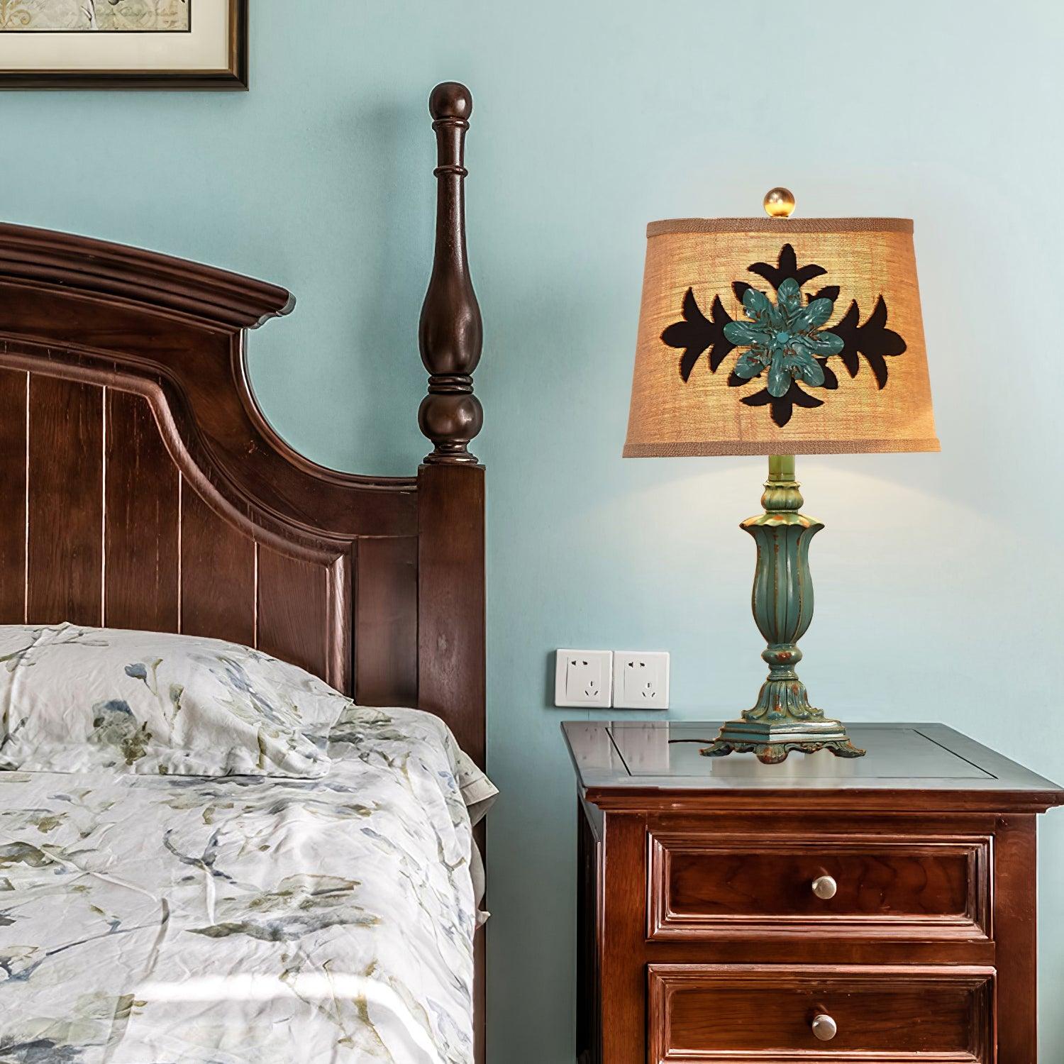 Lark Vintage Green Resin Table Lamp with Linen Fabric Bell Shade for Bedside Lighting
