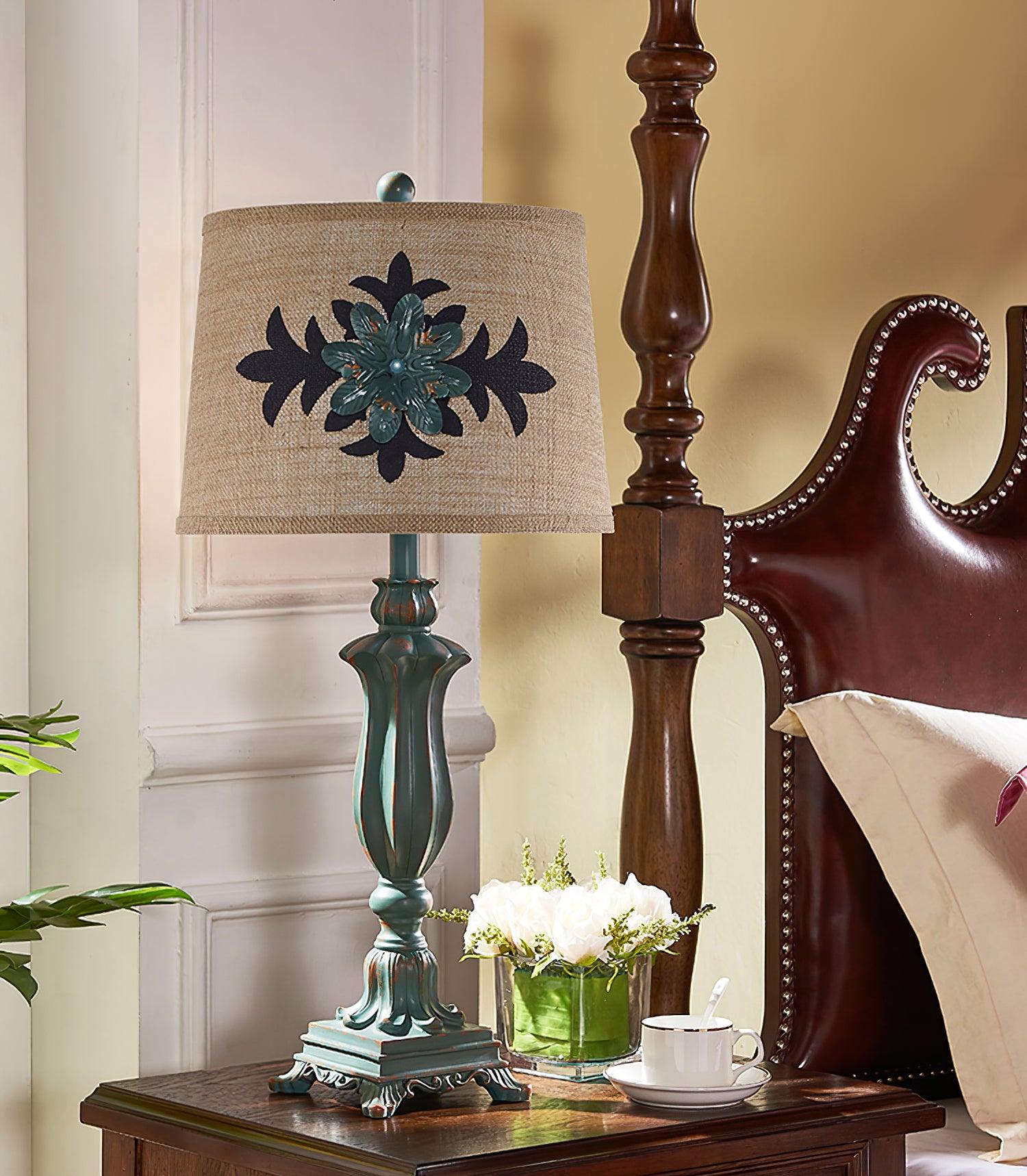 Lark Vintage Green Resin Table Lamp with Linen Fabric Bell Shade for Bedside Lighting