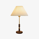 Mid Century Modern Pleated Walnut Table Lamp with Brass Accents and Folding Shade