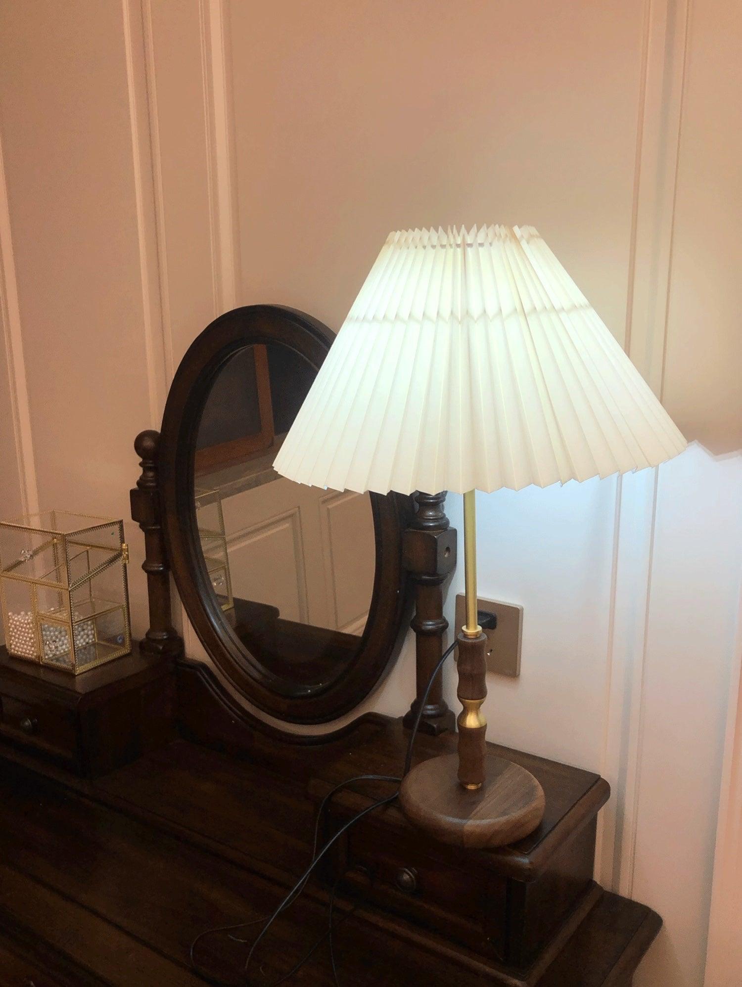 Mid Century Modern Pleated Walnut Table Lamp with Brass Accents and Folding Shade