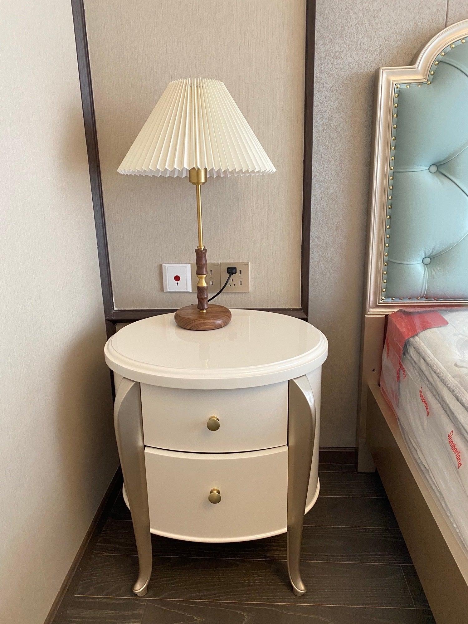Mid Century Modern Pleated Walnut Table Lamp with Brass Accents and Folding Shade