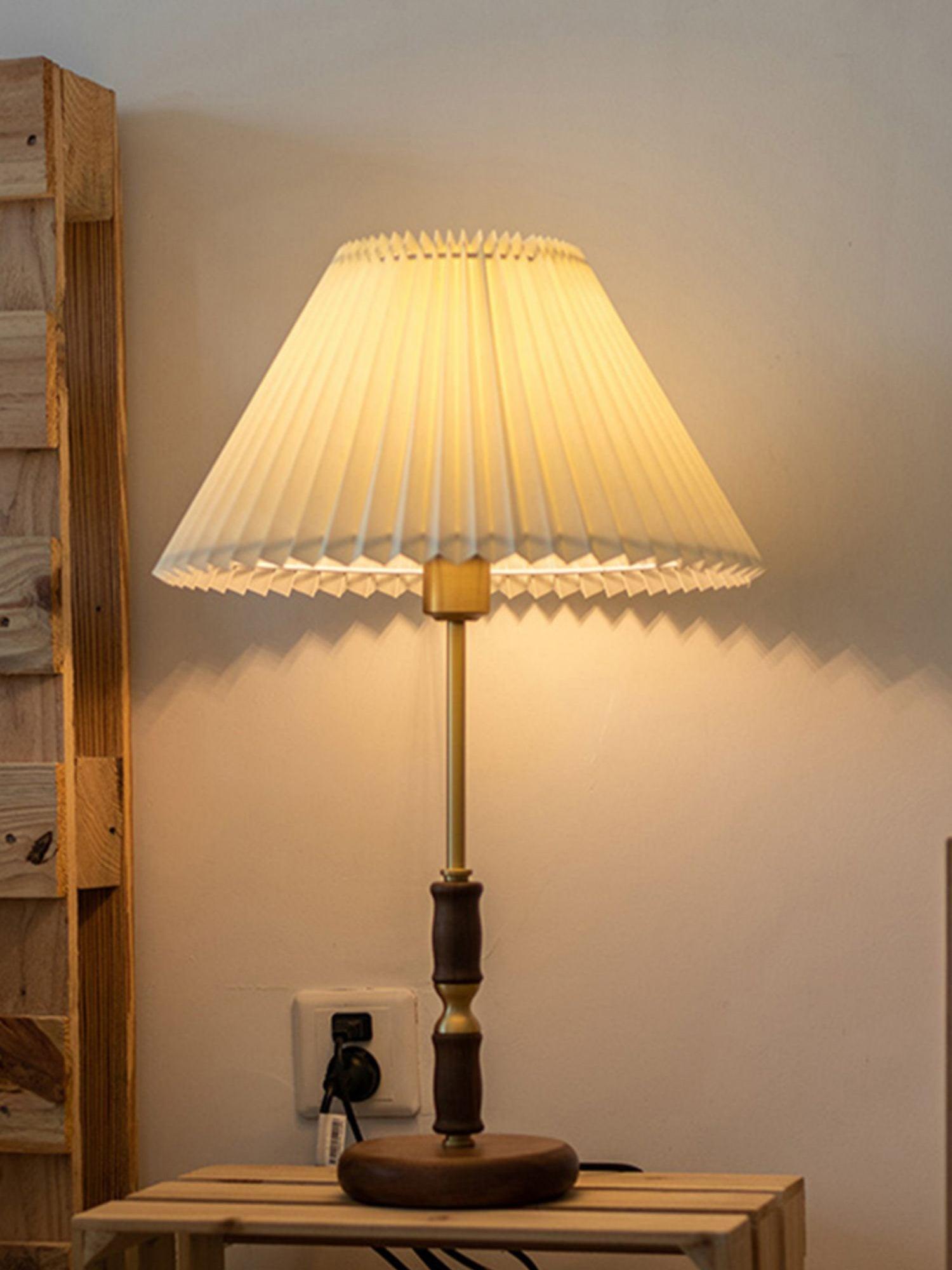 Mid Century Modern Pleated Walnut Table Lamp with Brass Accents and Folding Shade