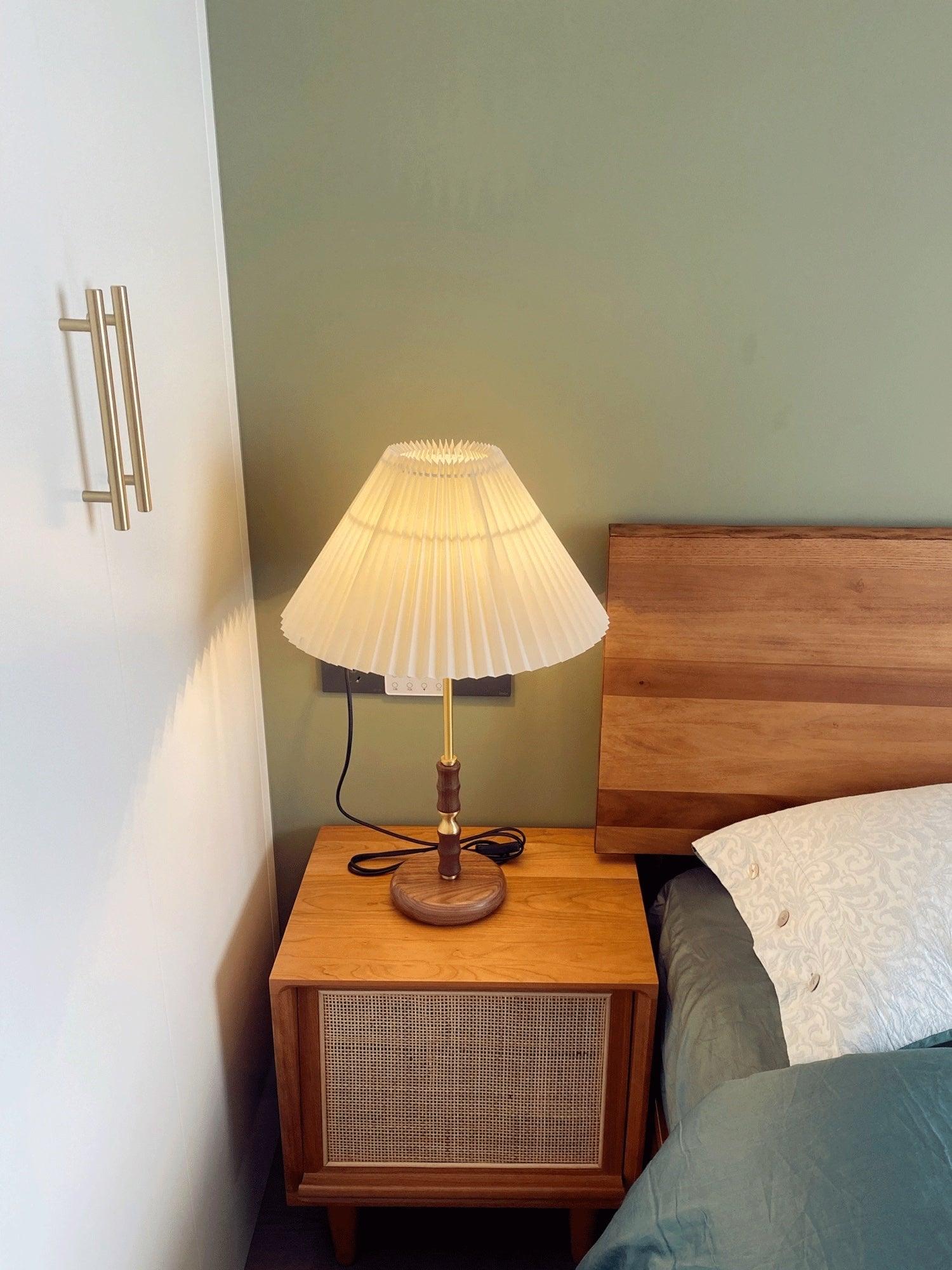 Mid Century Modern Pleated Walnut Table Lamp with Brass Accents and Folding Shade