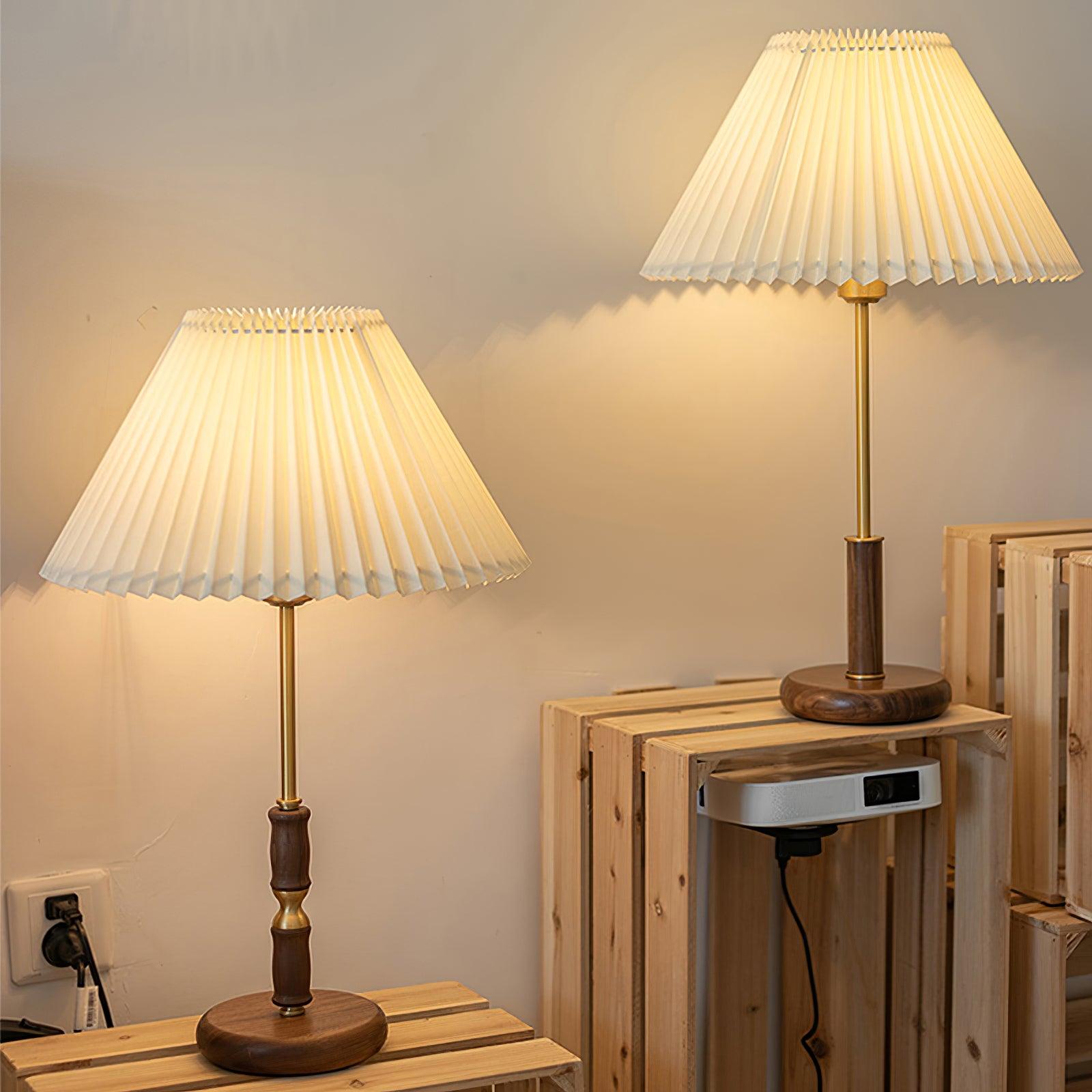 Mid Century Modern Pleated Walnut Table Lamp with Brass Accents and Folding Shade